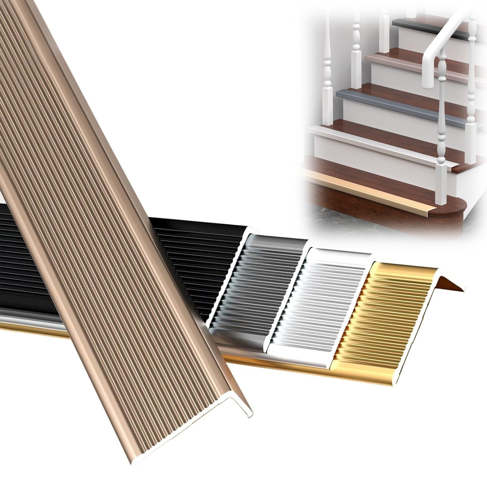 HJXGQJM 90cm Tira De Transición De Borde De Escalera, Perfil De Borde De PeldañO De Aluminio, Perfil Integral De Borde Escalonado Perfil De Borde De Escalera Antideslizante Tira(Gold,7x3cm)