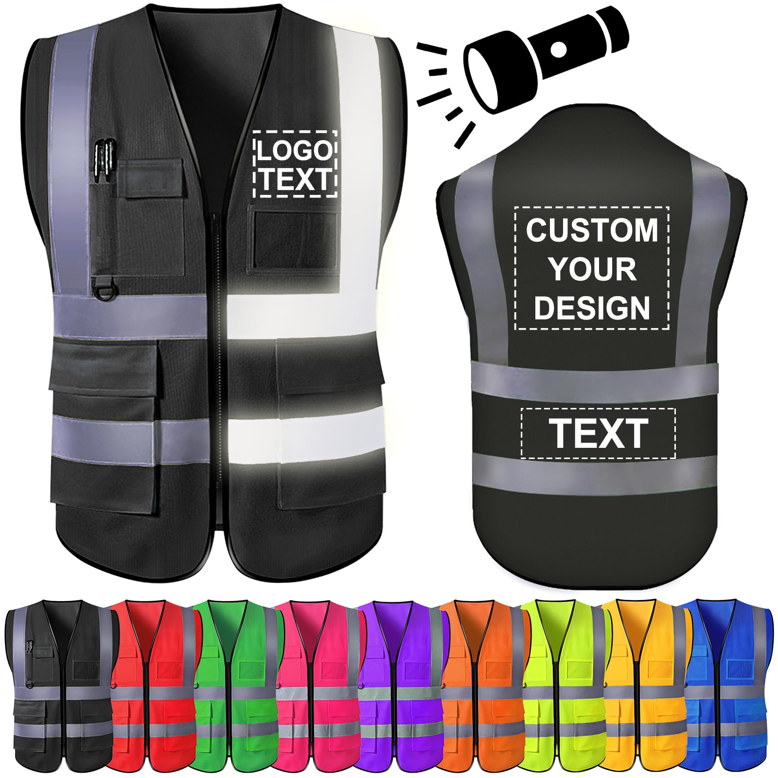 High Visibility Vest Custom Logo Text for Men Personalised Safety Vest Hi Vis Viz Workwear with Reflective Strip 5 Pockets — image 1