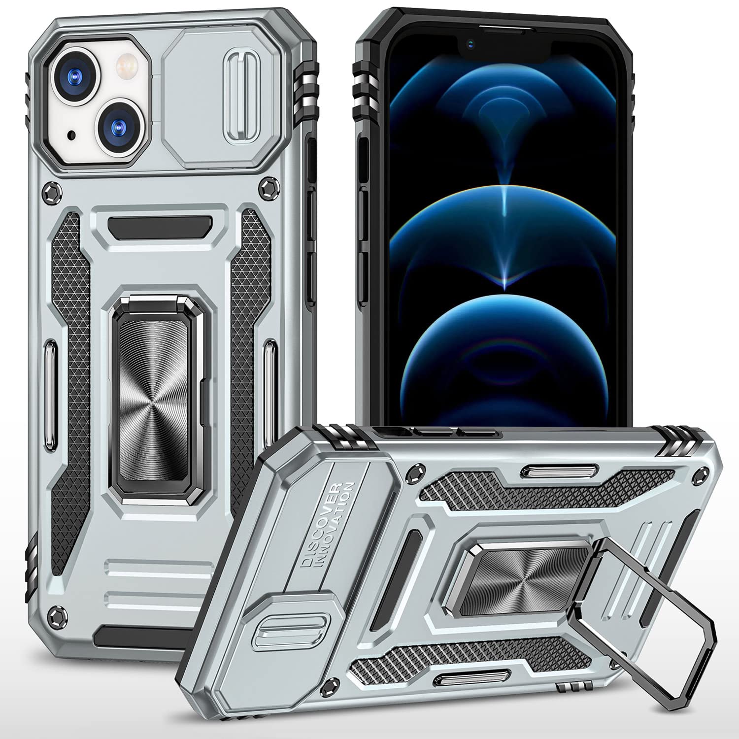 SEFING Phone Case for iPhone 14 Plus Case with Kickstand Ring Holder, with Camera Cover, with Magnetic Car Mount Function, for iPhone 14 Plus (Grey)