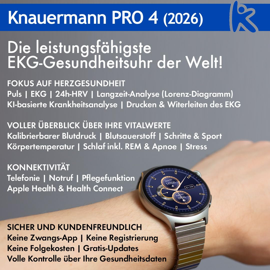 Knauermann Pro 4 ECG Healthy Watch - Reloj Inteligente con función telefónica – Reloj Inteligente Plateado – Pulso presión Arterial oxígeno en Sangre HRV – Análisis del sueño – para Hombre y Mujer