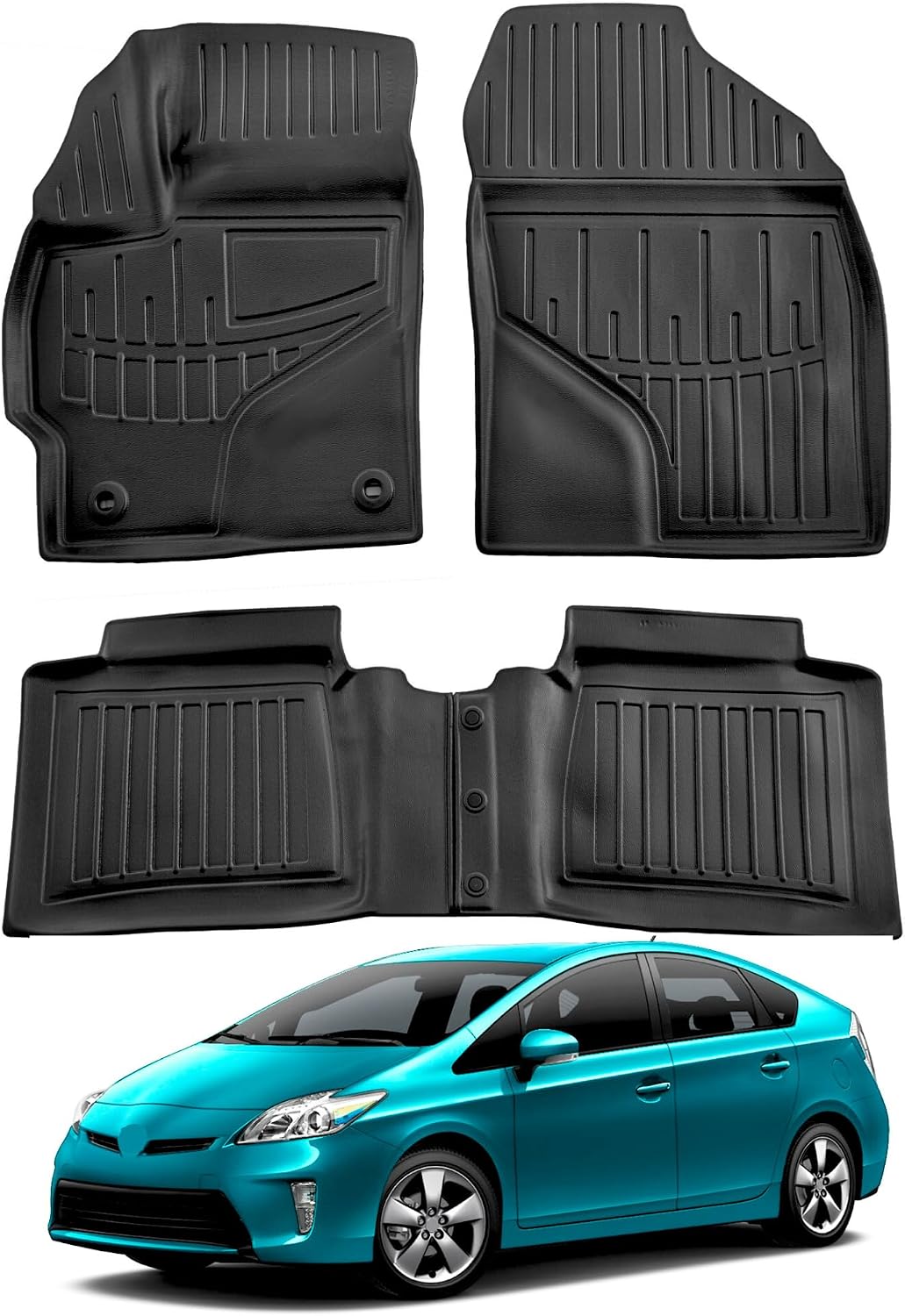 3D Floor Mats Compatible with Toyota Prius XW30 2010–2014, Custom Fit All-Weather Liners, Heavy Duty Front & 2nd Row Full Set, Black Rubber