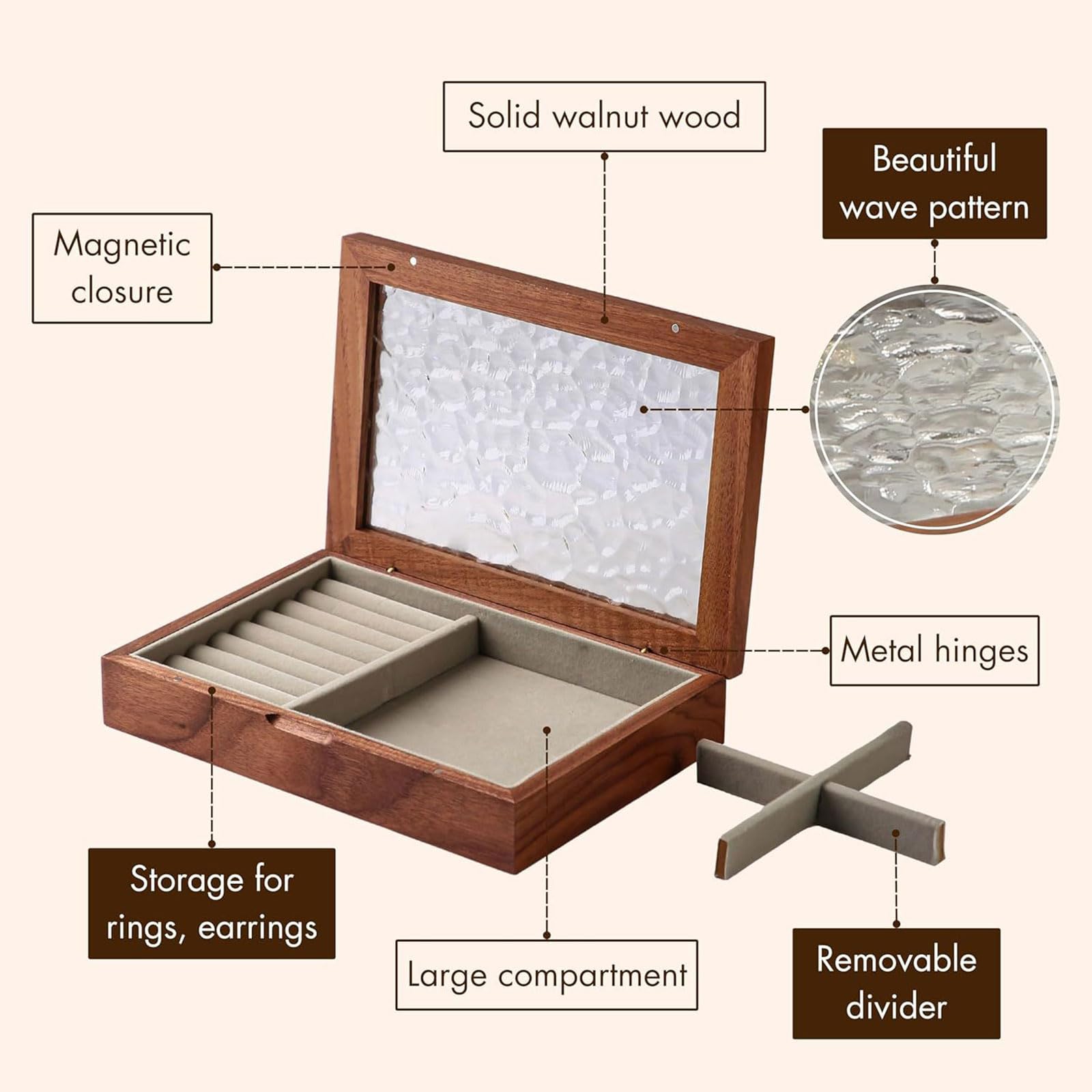 Baúl de almacenamiento de joyas de madera resistente con accesorio interior de felpa para coleccionistas y viajeros por igual