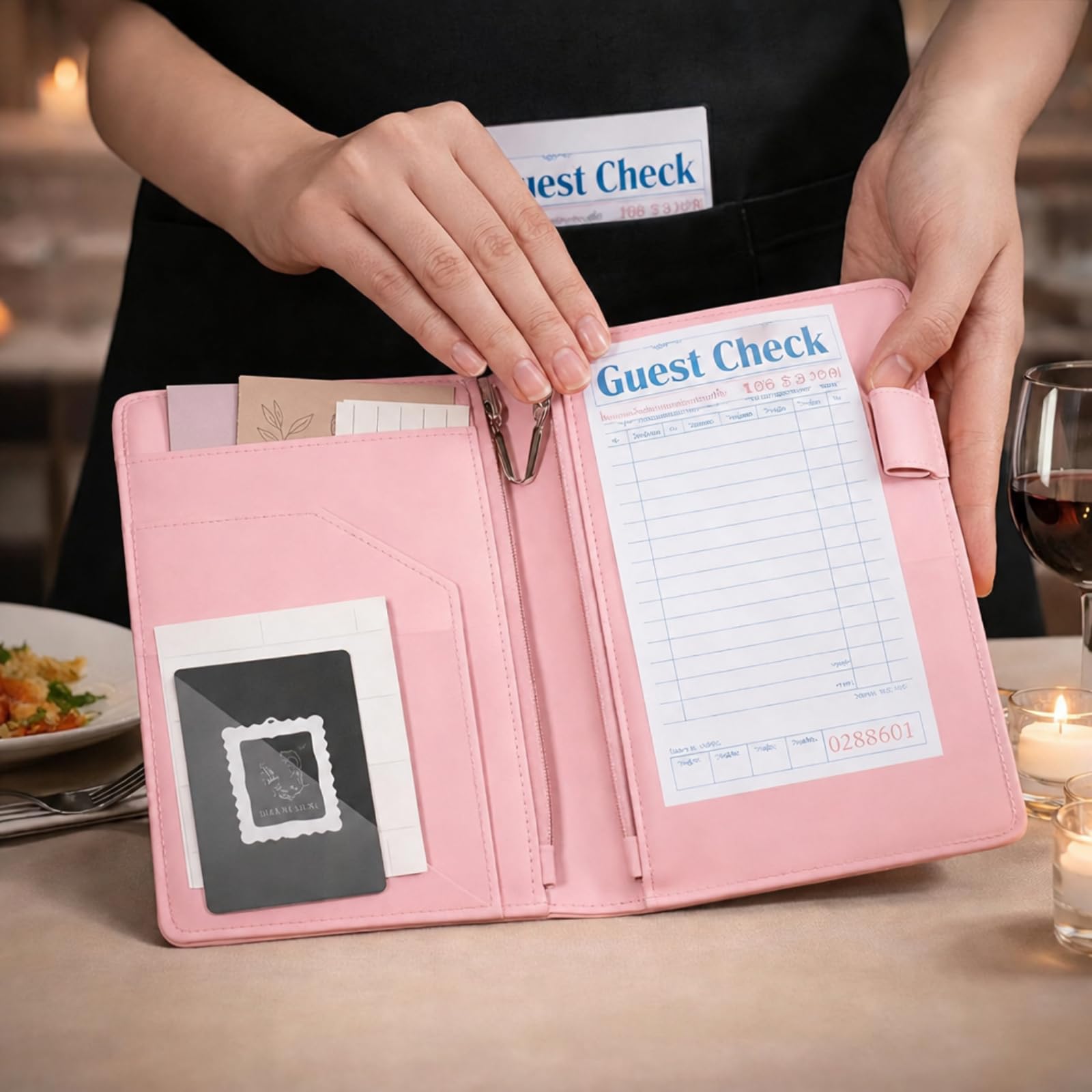 Honoson Soporte para cheques de invitados de restaurante que incluye 30 cheques de invitados para libro de meseros y 6 libros de servidor con 2 bolsillos con cremallera, accesorios de camarera para