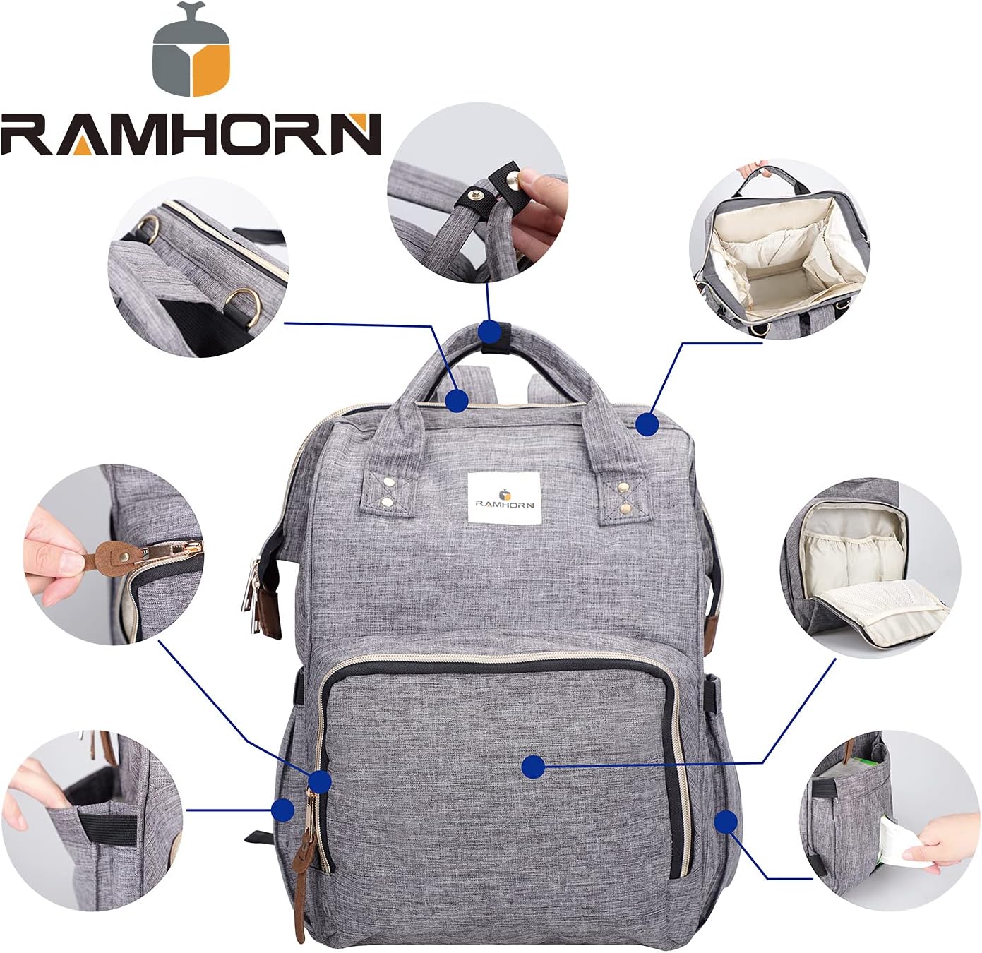 Ramhorn Diaper Bag Backpack Multifunction Waterproof Travel Back Pack for Mom Grey