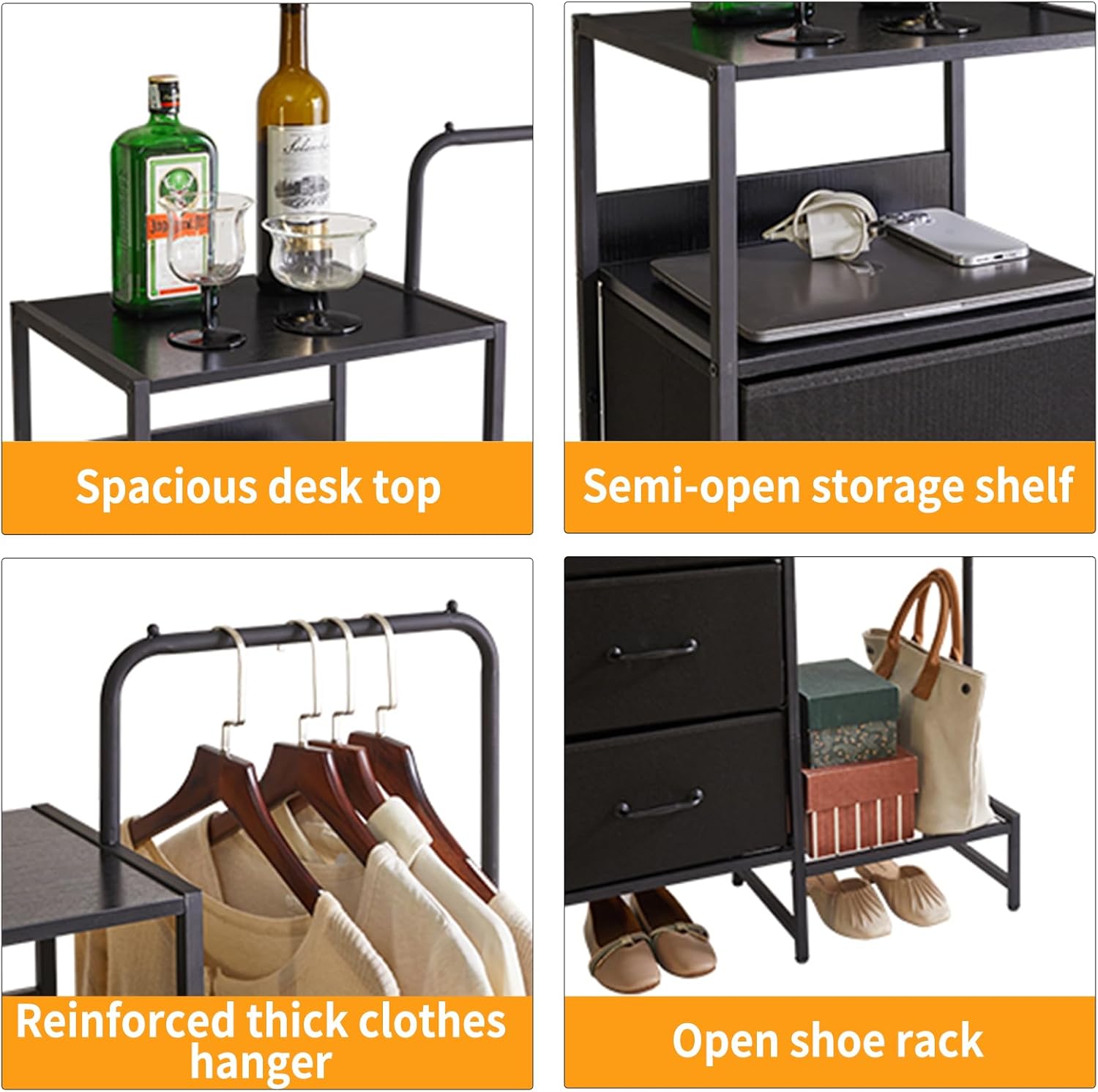 Clothes Rack with Shelves and Hanging Rod, 3 Drawers Small Coat Hanger, Reversible Clothes Rack, Black YD-TM081B