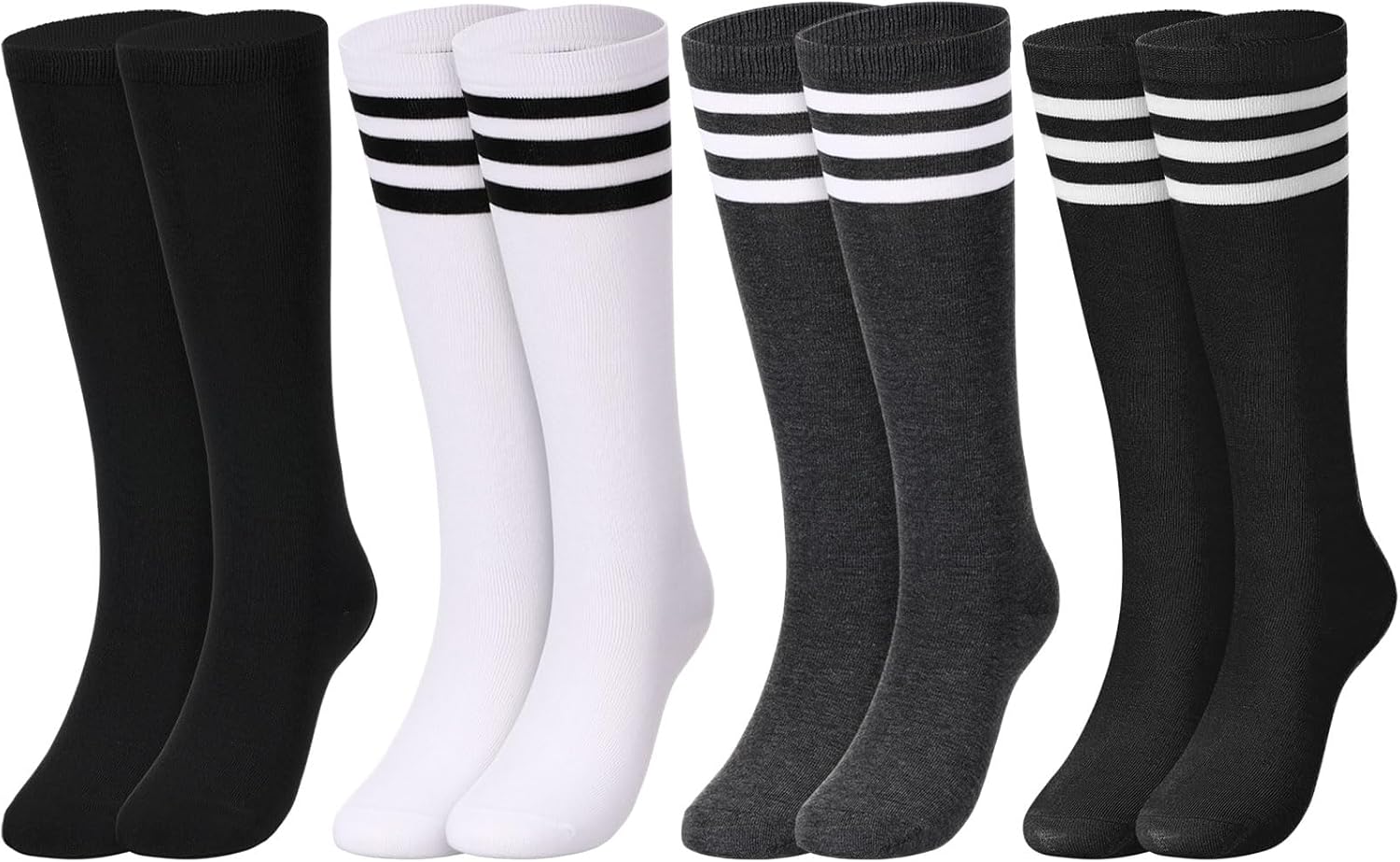 Jeyiour 4 Pairs Women Knee High Socks for Women Soccer Football Softball Stripe Tube Socks Gifts for Cheerleader