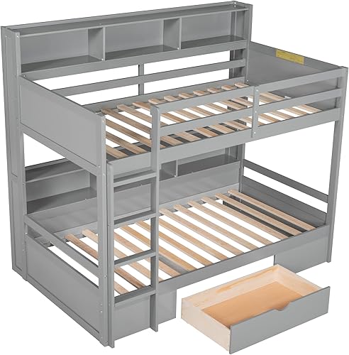 Miniatura 9 de Polibi Litera individual sobre individual con estantes integrados junto a la cama superior e inferior y cajón de almacenamiento, litera de madera de