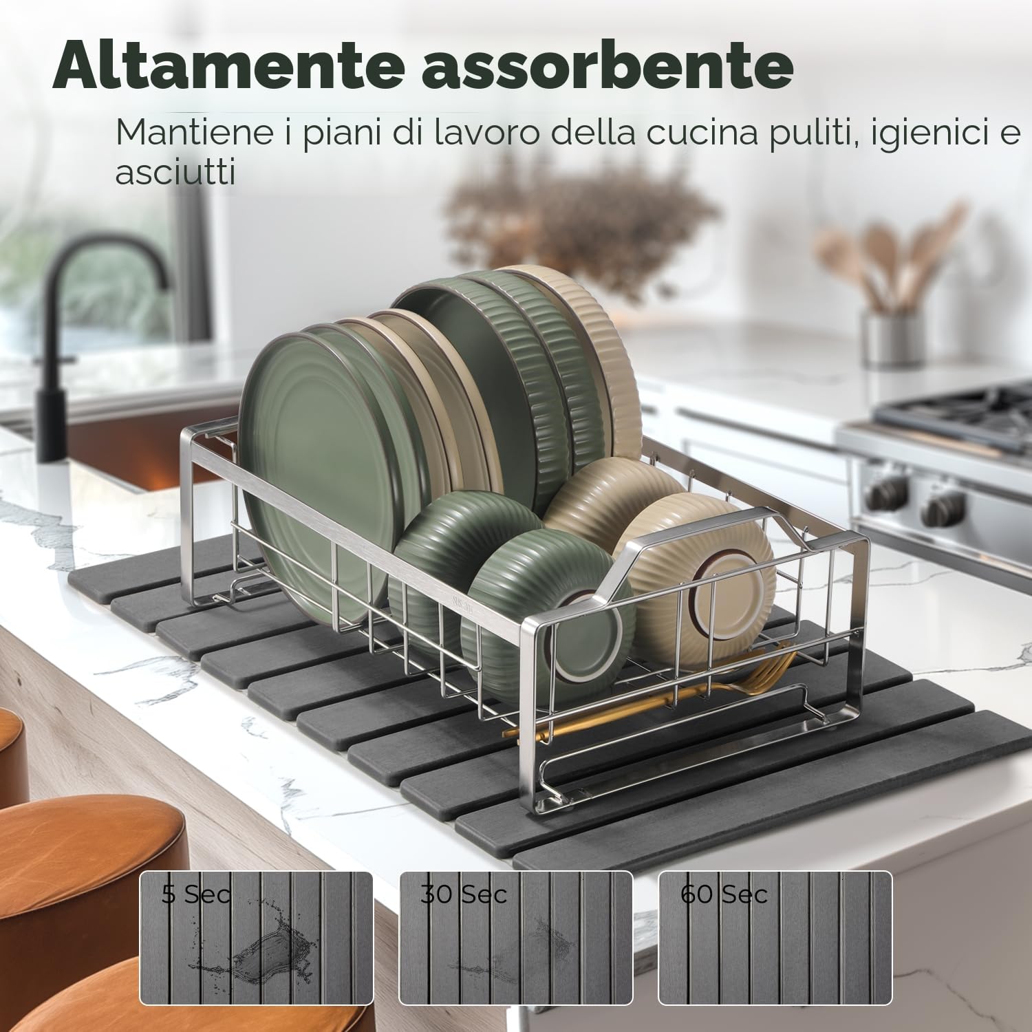 Tappetino scolapiatti, 60 x 40 cm, assorbe l'acqua, da cucina, pieghevole, per scolapiatti, per macchina da caffè, ad asciugatura rapida, per stoviglie (grigio scuro, 60 x 40 cm)
