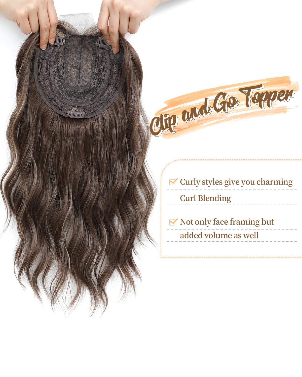 MORICHY 16Inch Wavy Curly Fringe Clip in Hair Topper - Add Volume & Thickness for Women (Brown Highlights) - Image 3