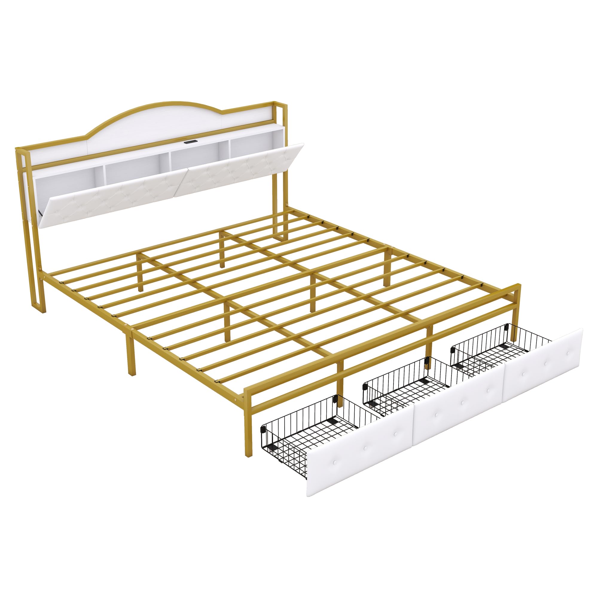 (Box 2 of 2) King Size Metal Platform Bed with 2 Drawers and Storage Headboard, Metal Bed Frame for Kids Teens Adults, No Box Spring Needed, Gold+White