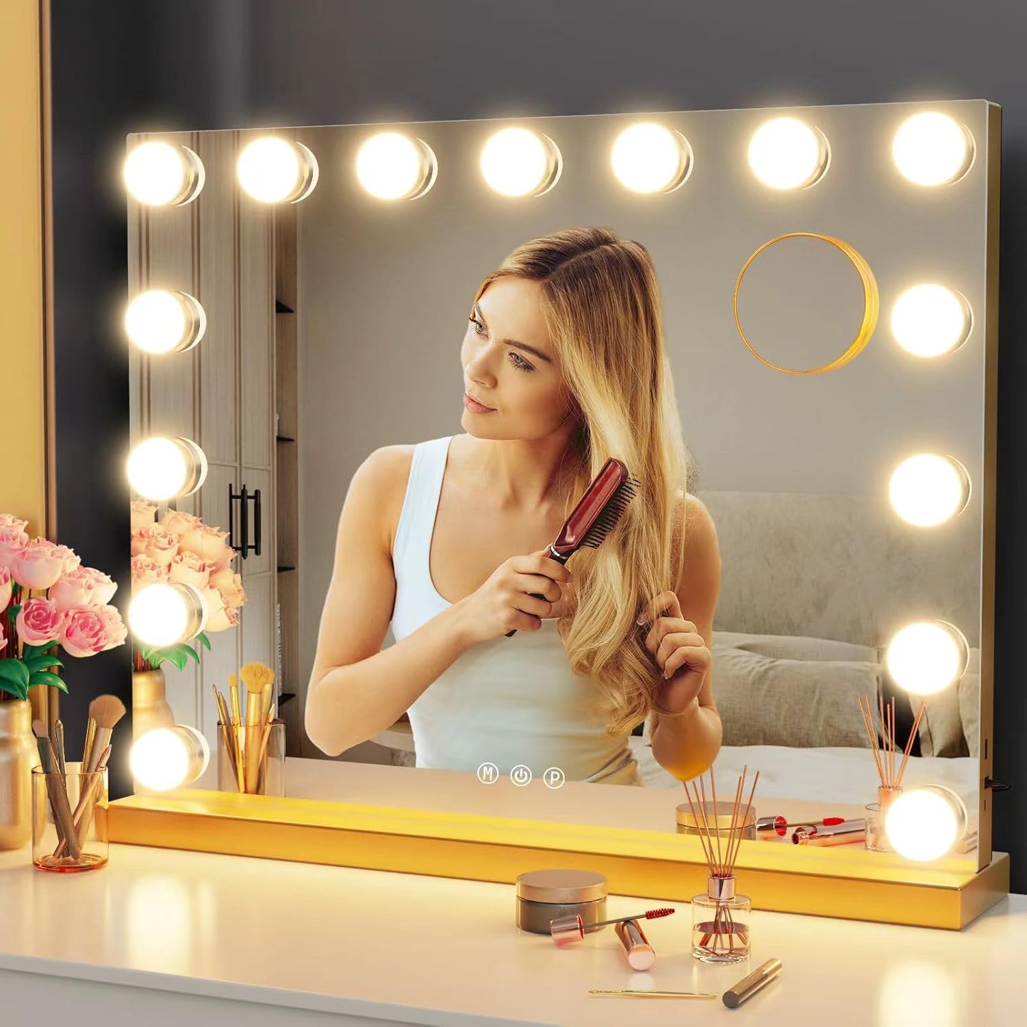22.8 x 18.2 Vanity Makeup Mirror with Lights, 10X Magnification,Large Hollywood Lighted Vanity Mirror with 15 Dimmable LED Bulbs, USB Charger Port, Tabletop or Wall-Mounted Gold