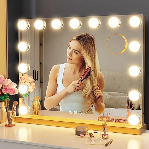 Vanity Mirror with Lights, 24x22 Tabletop Hollyhood Makeup Mirror, Hollywood Lighted Mirror with 15 XL Large Dimmable LED Bulbs,3 Colors Modes,Touch