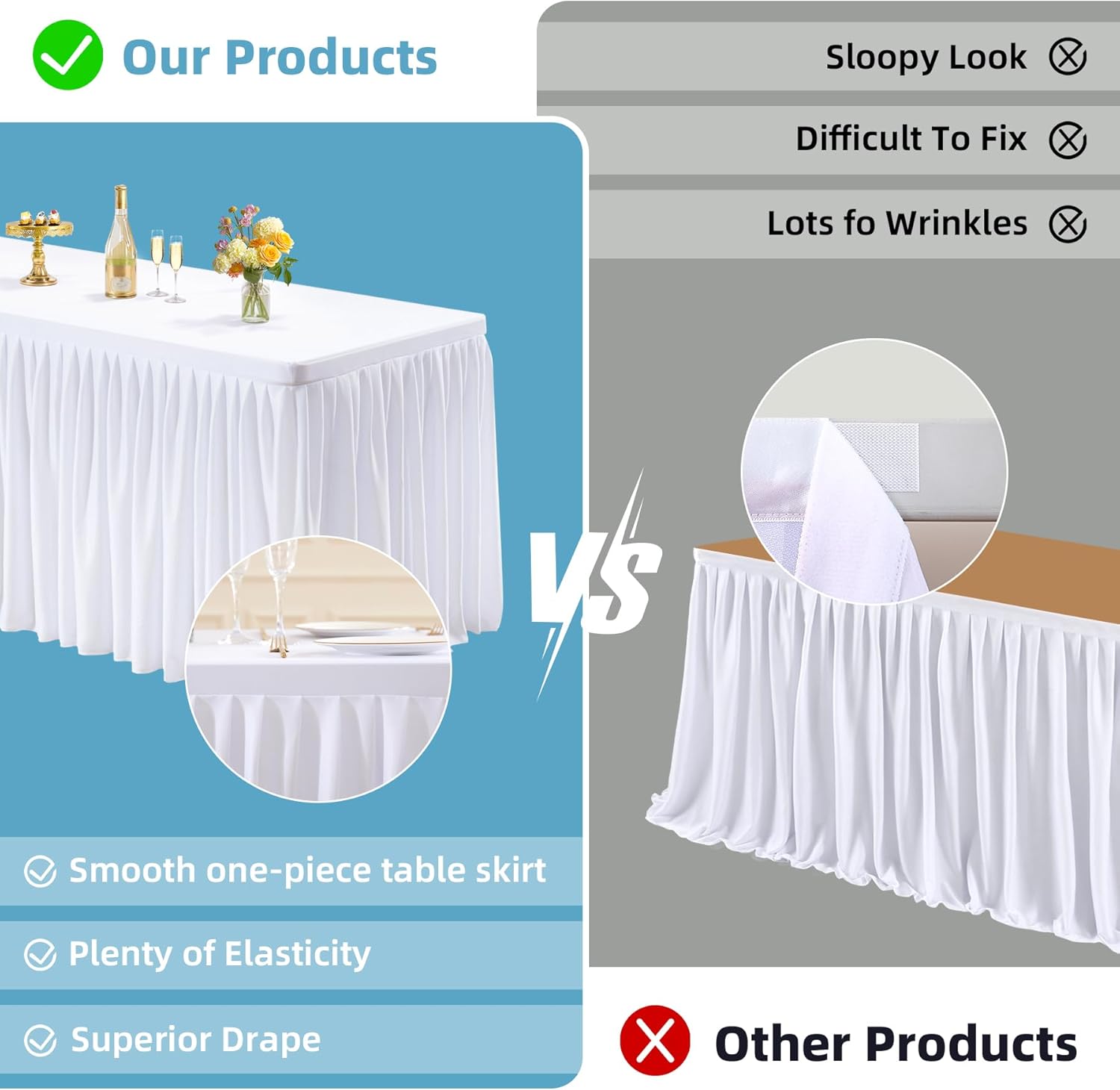 PARTISKY 1 Pack White Tablecloths for Rectangle Tables 4ft, Wrinkle Resistant White Table Cover Fitted Stretch Table Cloth with Pleated Ruffle Skirts for Party Banquet Dining Birthday Wedding