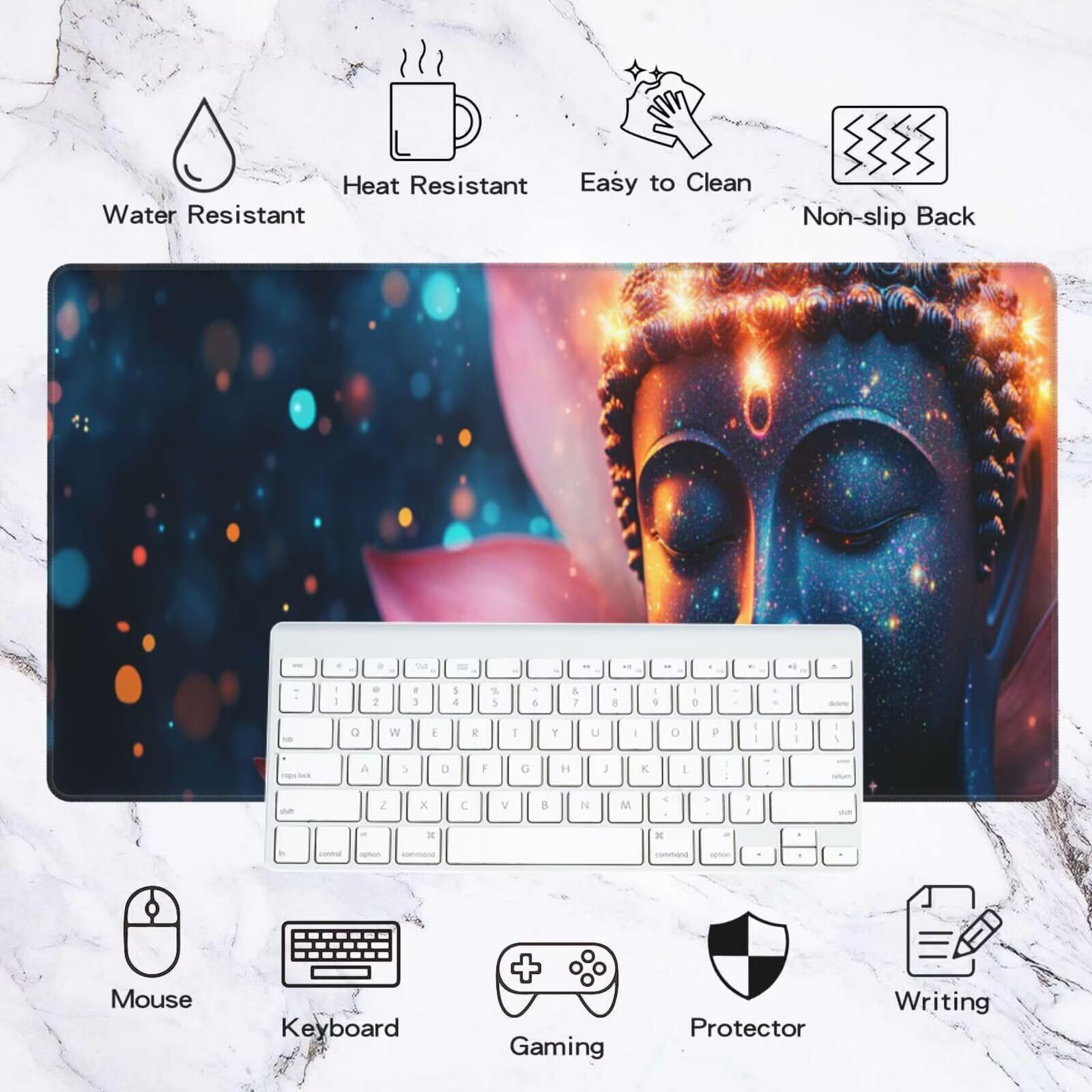 Alfombrilla Ratón Loto Alfombrilla Ratón XXL 1600 x 800 mm, Buda Mouse Pad Gaming con Bordes Cosidos, Impermeable Mousepad Base de Goma Antideslizante Duradera, Mouse Pad para Oficina Accesorios Q142