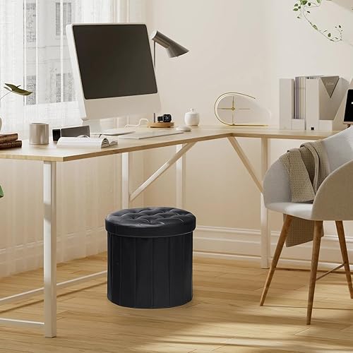 Miniatura 7 de Otomana plegable redonda de almacenamiento de 14 pulgadas, taburete de pie con asiento acolchado de espuma más gruesa, banco otomano de