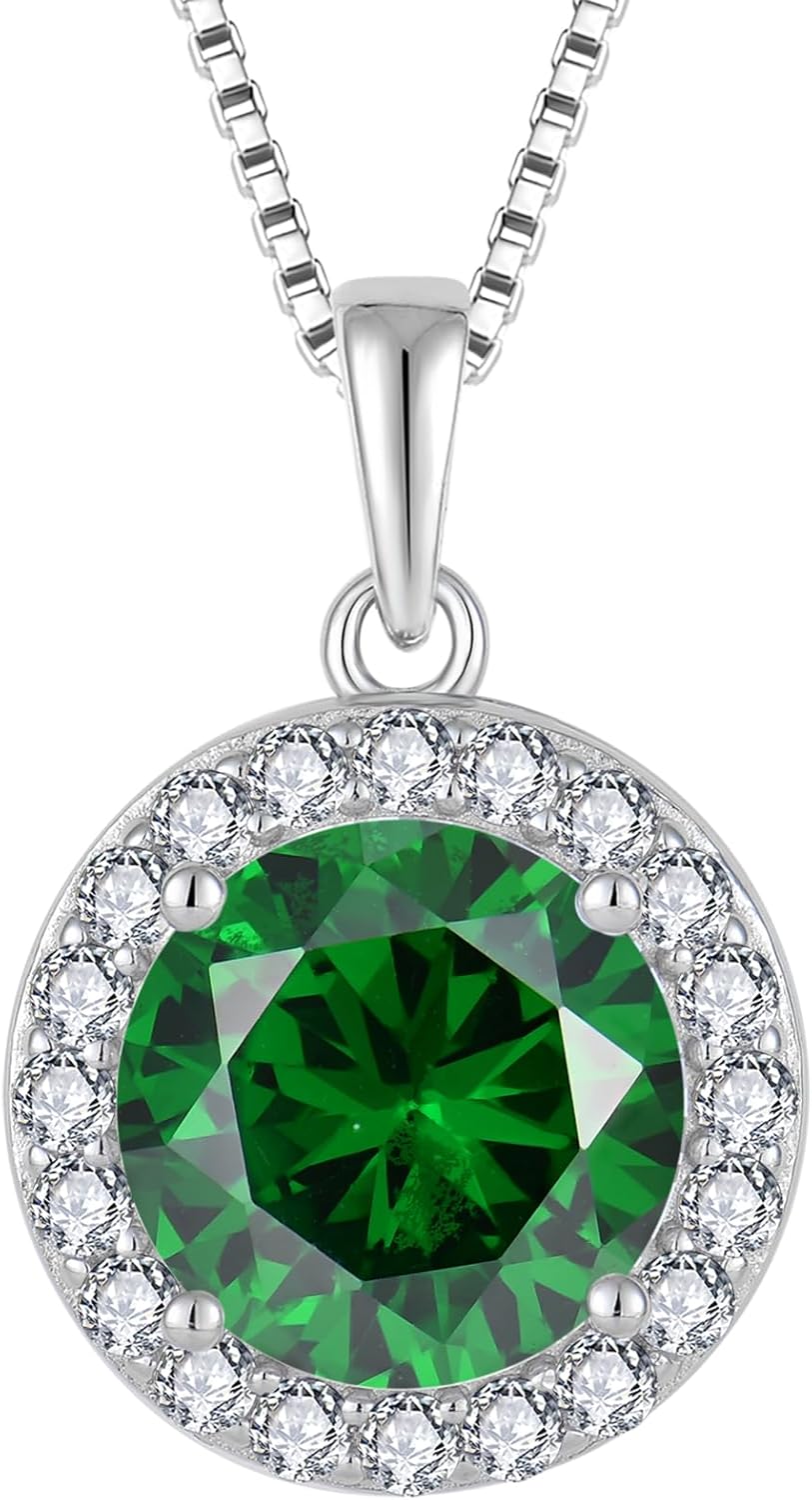 Birthstone Necklace for Women 925 Sterling Silver Round Halo Pendant Jewelry Gifts for Her 10mm Solitaire Necklace
