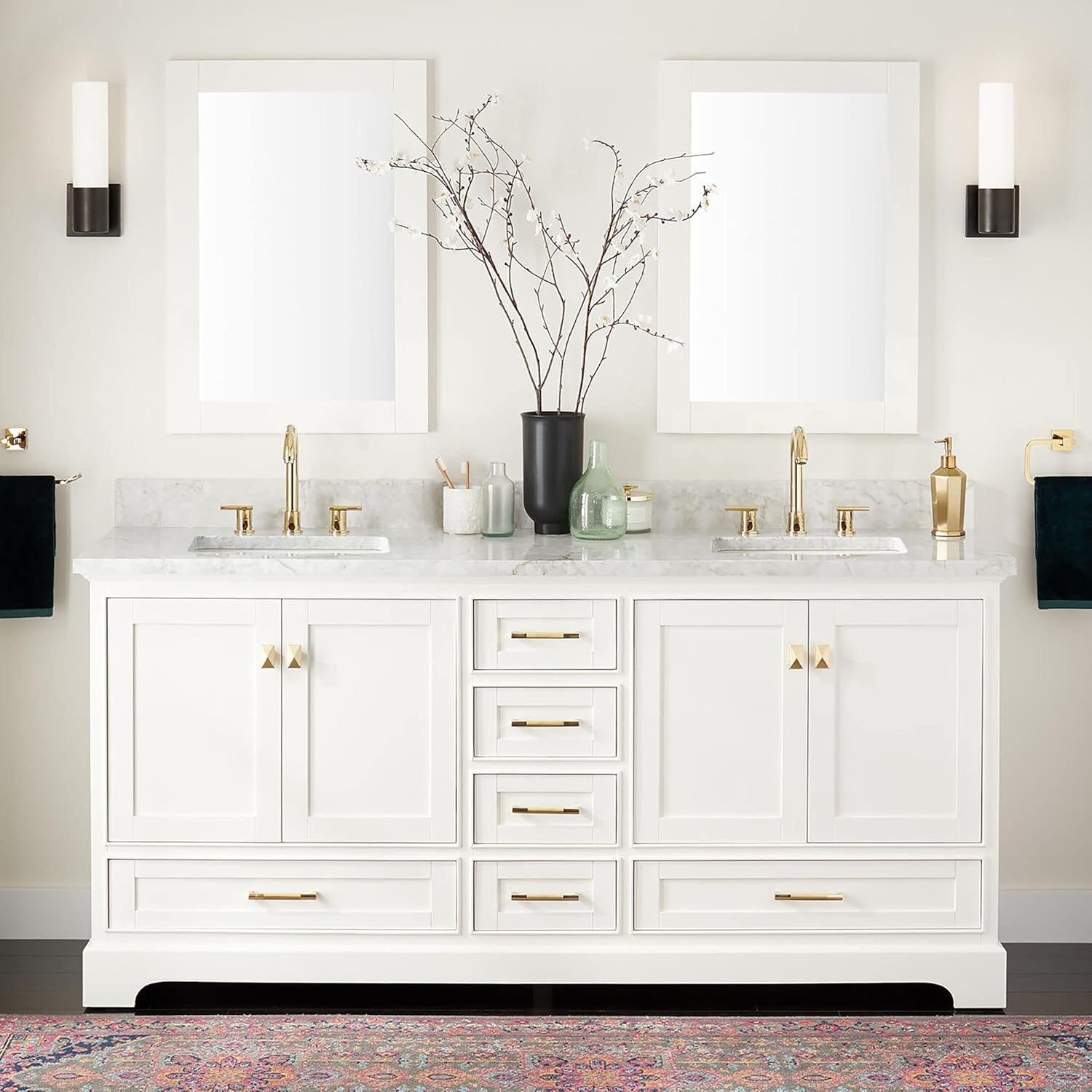 Signature Hardware 480781 Quen 72" Free Standing Double Vanity Set with Wood Cabinet, Vanity Top and Rectangular Undermount Vitreous China Sink - 8" Faucet Holes