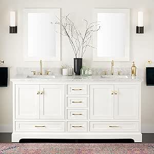 Signature Hardware 480781 Quen 72" Free Standing Double Vanity Set with Wood Cabinet, Vanity Top and Rectangular Undermount Vitreous China Sink - 8" Faucet Holes - Soft White/Carrara Marble