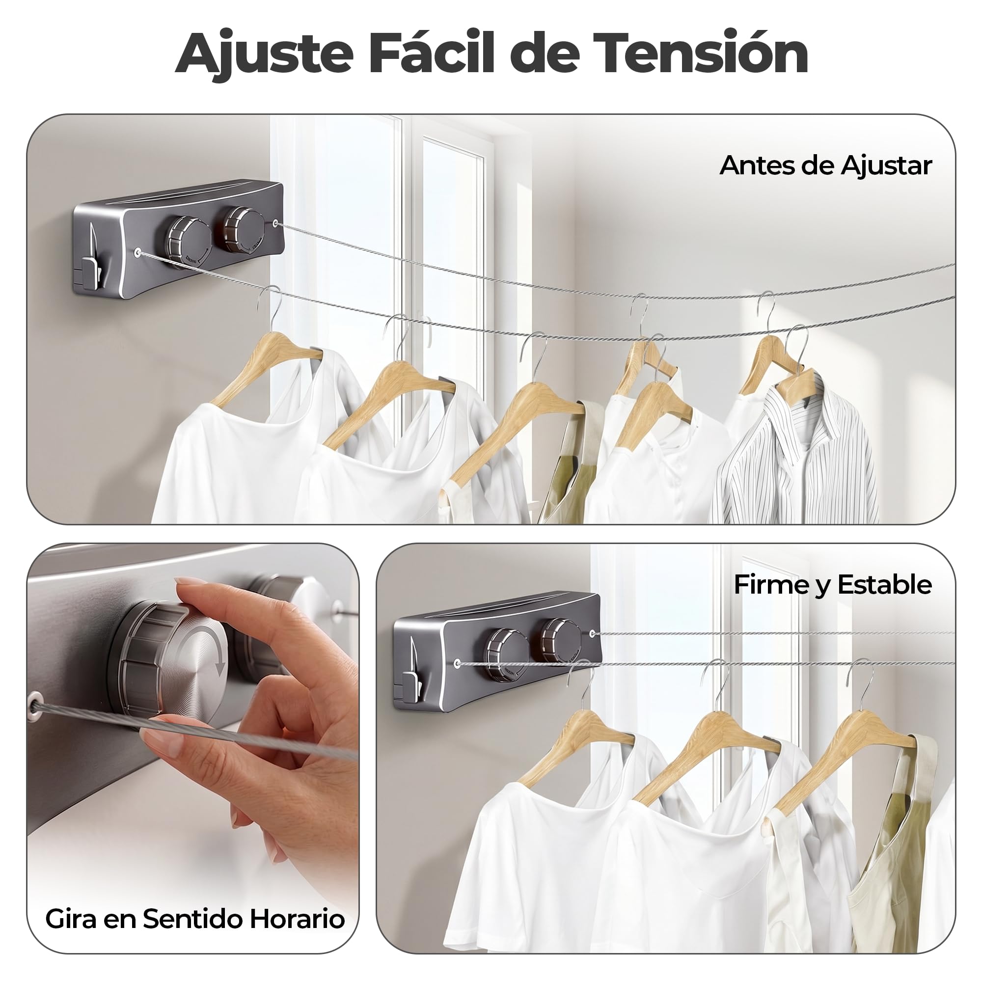 ️ Pack Tendedero Retractil Pared Doble 10.2m Acero Inoxidable + Perchero 32 Pinzas | Tendedero Extensible Pared Interior y Exterior | Intalacion con Tornillos | Color Gris