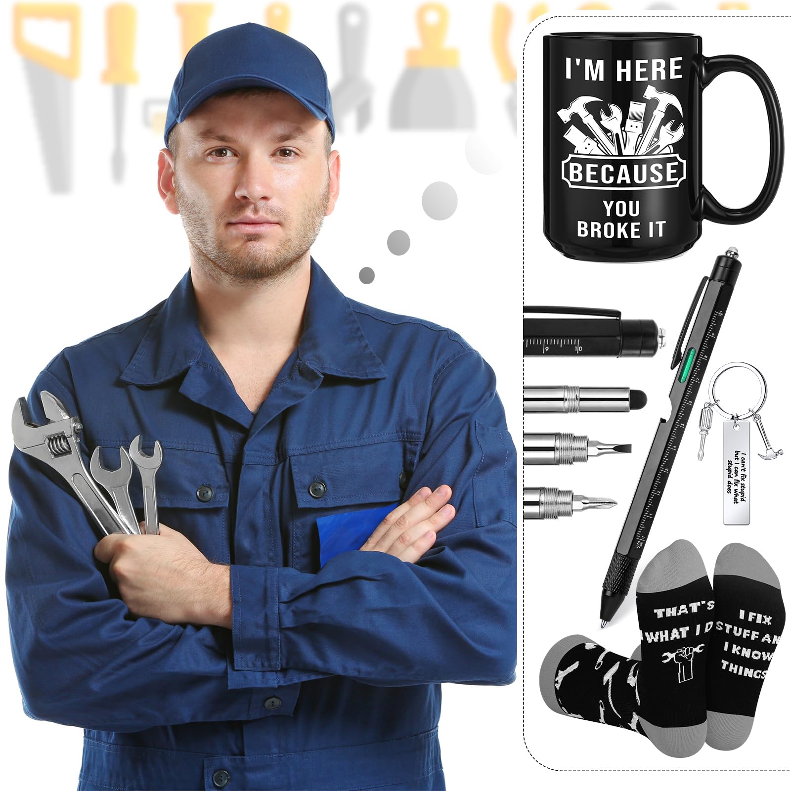 Panitay 4 Pcs Maintenance Man Gift Set for Men 9 in 1 Multi Tool Pen 14 oz Repair Worker Coffee Mug Keychain Sock Funny Christmas Birthday Appreciation Gift for Mechanic Engineer Handyman Carpenter