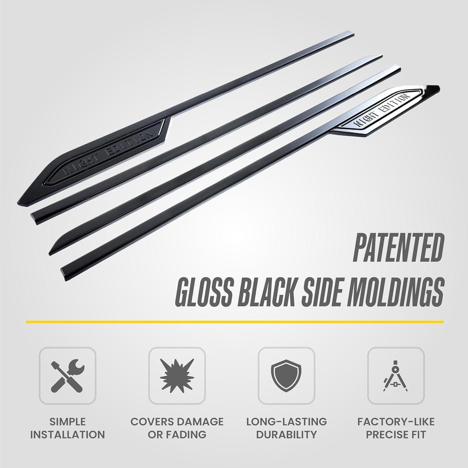 Gloss Black Night Edition Body Side Door Molding Set for 22-26 Toyota Tundra – 4PC Tape-On Exterior Protector Kit | Easy No-Tool Install | Premium Custom Finish | US Patented