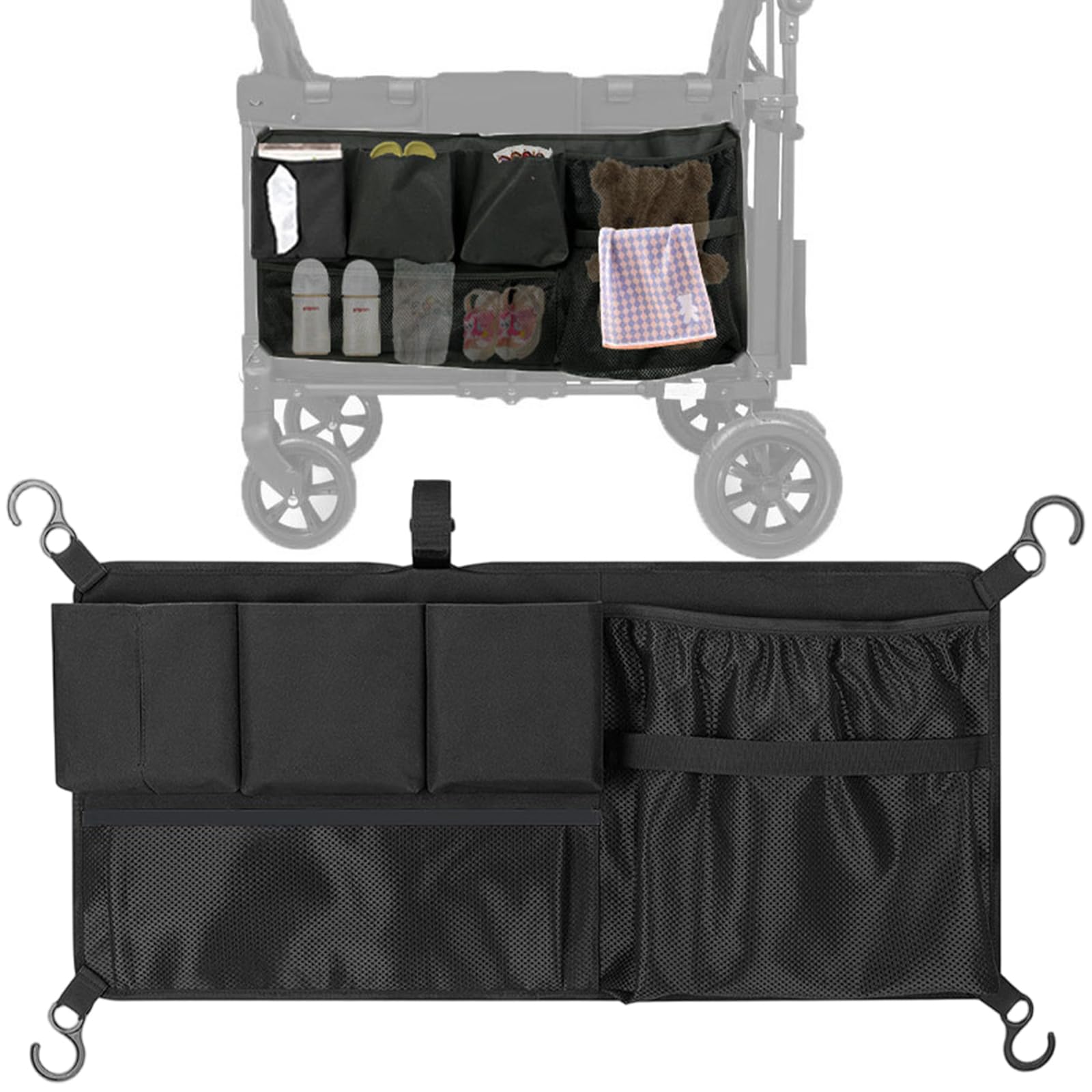 Wagon Storage Attachment, 28.5x13.5" Removable Hanging Wagon Basket Attachment with Mesh Pouch, Push Pull Cart Storage Bag for Camping Garden Sports, Push Handle