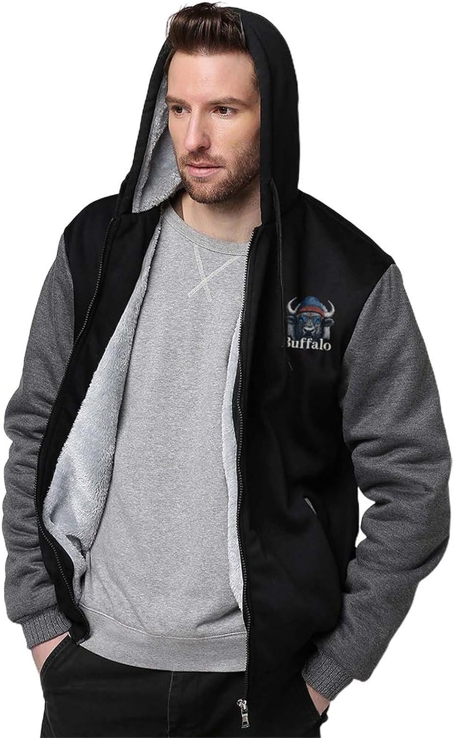 Buffalo Mascot Trendy Men's Full Zip Hoodie Thick Heavyweight Fleece Hooded Sweatshirt Coat