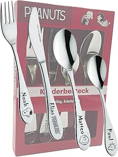 Peanuts Kinderbesteck mit Gravur - Personalisiertes Besteck mit Namen oder Datum - Edelstahl Kinderbesteck Set mit Gravur - Geschenk zur Geburt, Taufe, Geburtstag, Geschenk Junge & Mädchen