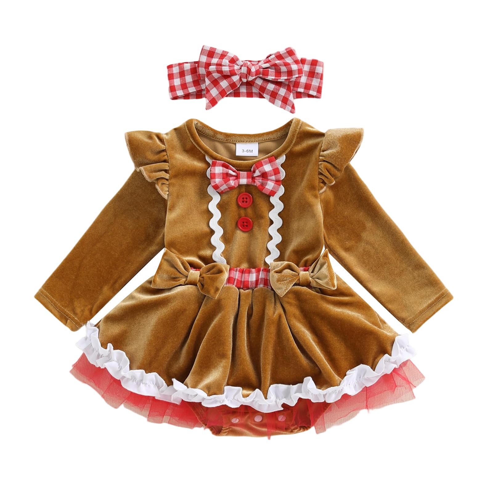 Himllauen Infant Baby Girls 2 Pcs Christmas Outfits Toddler Long Sleeve Santa/Gingerbread Romper Dress + Headband Set Newborn Girl Winter Clothes (Beige