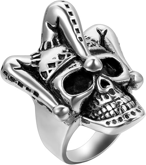 Flongo Men's Punk Stainless Steel Silver Black Gothic Joker Clown Band Ring Biker Rings, Size 9
