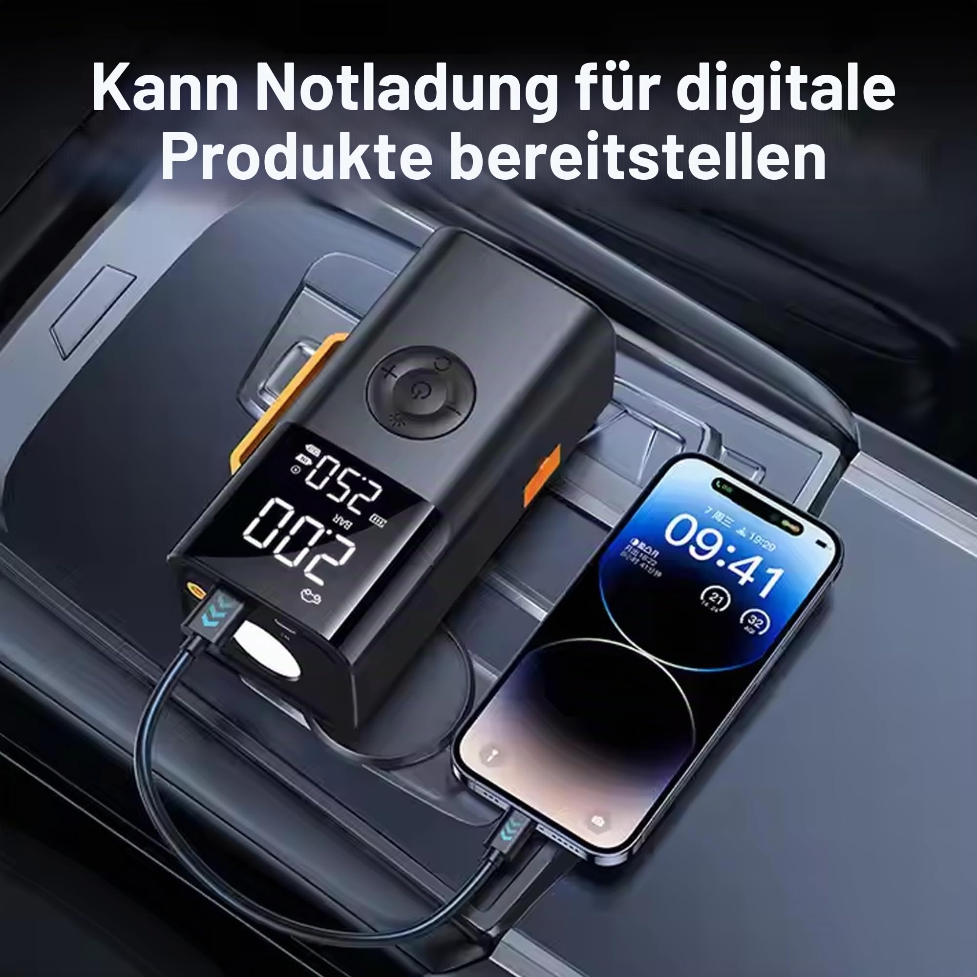 All-in-One Starthilfe mit Luftpumpe & Powerbank – 150 PSI Reifenfüller 12V Kompressor mit 6000mAh Akku, Digitalanzeige, LED-Notlicht, Schnell-Aufblasen, Auto Starthilfe & USB-Aufladung