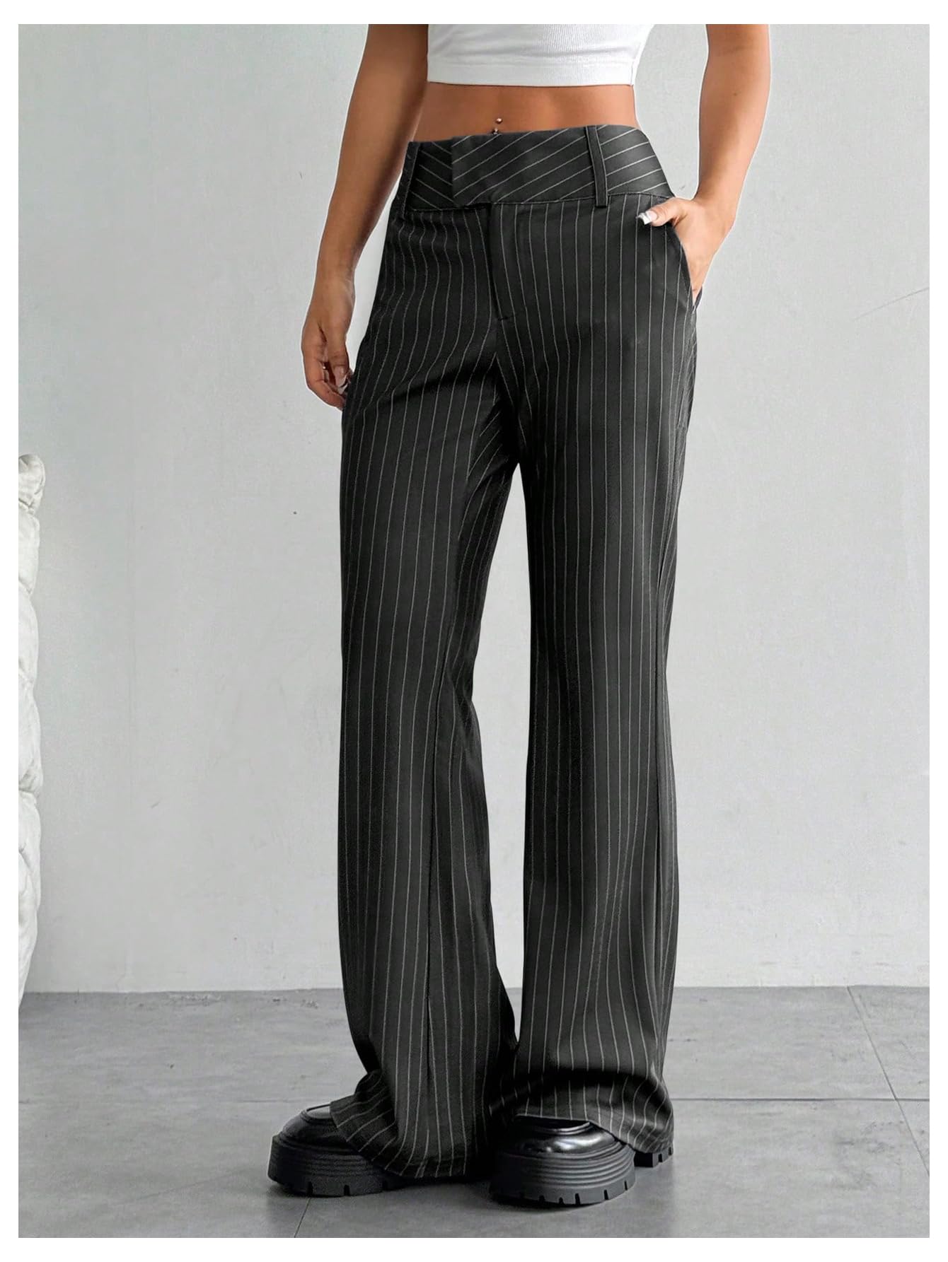 Floerns Pantalones de vestir de cintura alta con estampado a rayas para mujer, pantalones de traje de trabajo de pierna recta