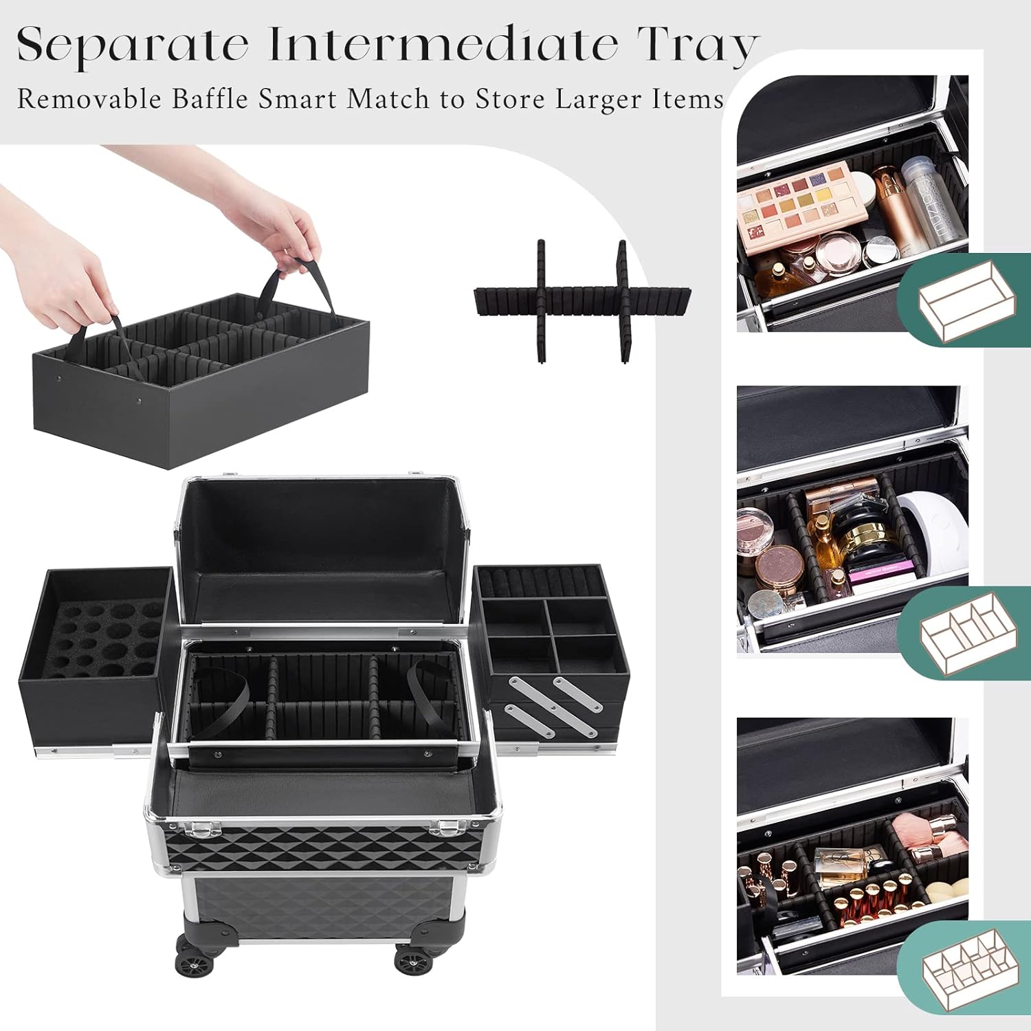Wasserrhythm Rolling Makeup Train Case Cosmetic Travel Cart 4 Tray Sliding Rail Removable Middle Layer Makeup Cart with 360° wheels Large Storage Cosmetic Trolley Salon Barber Case Trunk, Black