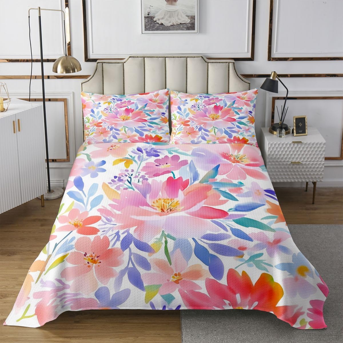 jejeloiu Pink Floral Bedspread Quilts Blossom Flowers Pattern Coverlet Set Queen Size for Kids Boys Girls Grid Plaid Checkered Quilted Coverlet for All Season with 2 Pillowcases Geometric Microfiber