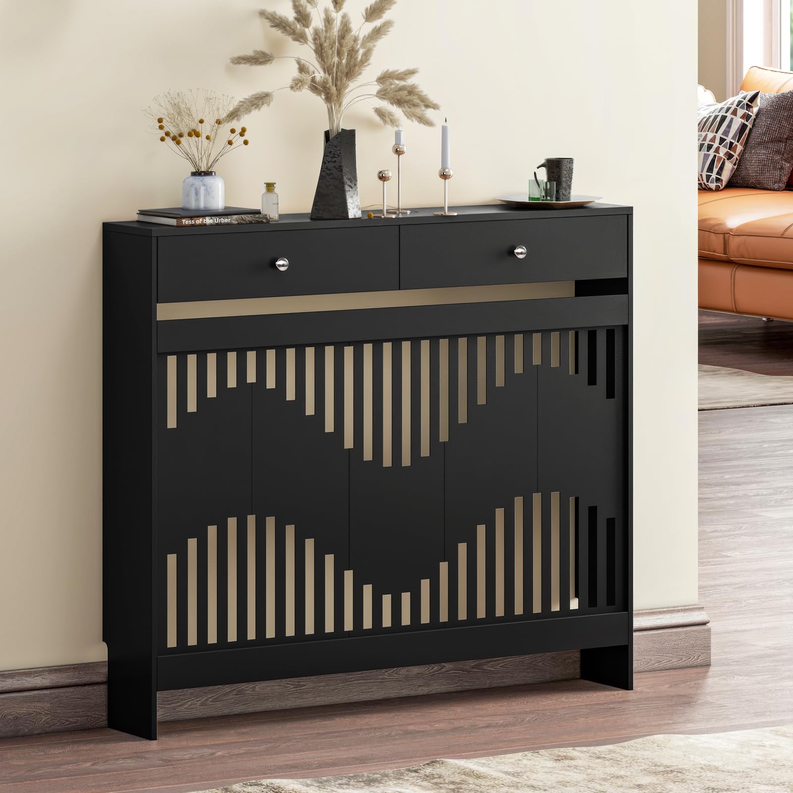 Luxstein Radiator Cover with Drawers, Black Wooden Radiator Shelf Pipe Covers Cabinet with Wavy Grill for Living Room Bedroom Hallway, 109Lx19Wx95Hcm