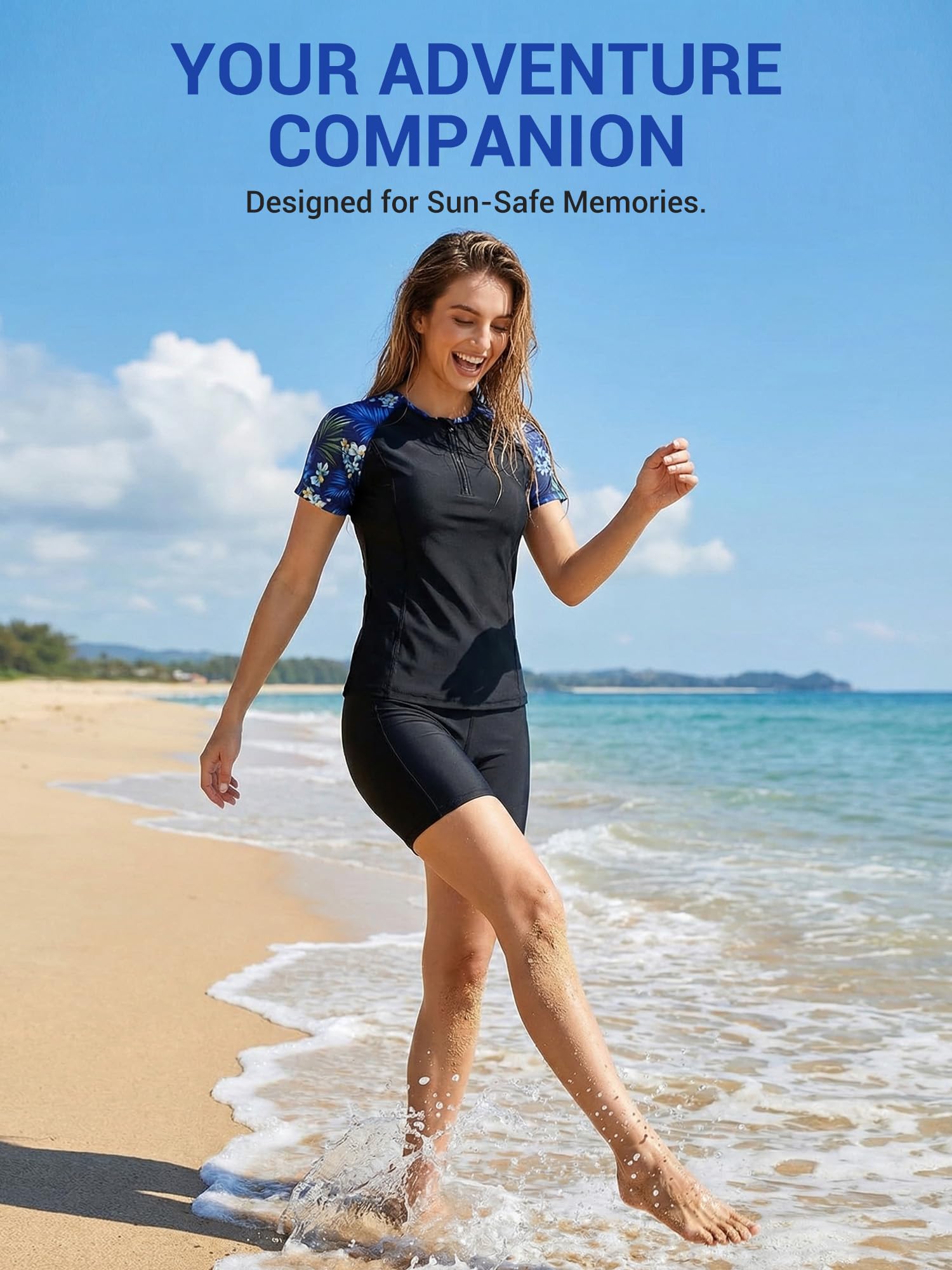 Owntop Rashguard Set da donna 3 pezzi – Maglietta a maniche corte con canotta e costume da bagno, asciugatura rapida, con protezione UV per spiaggia, nuoto, sport acquatici