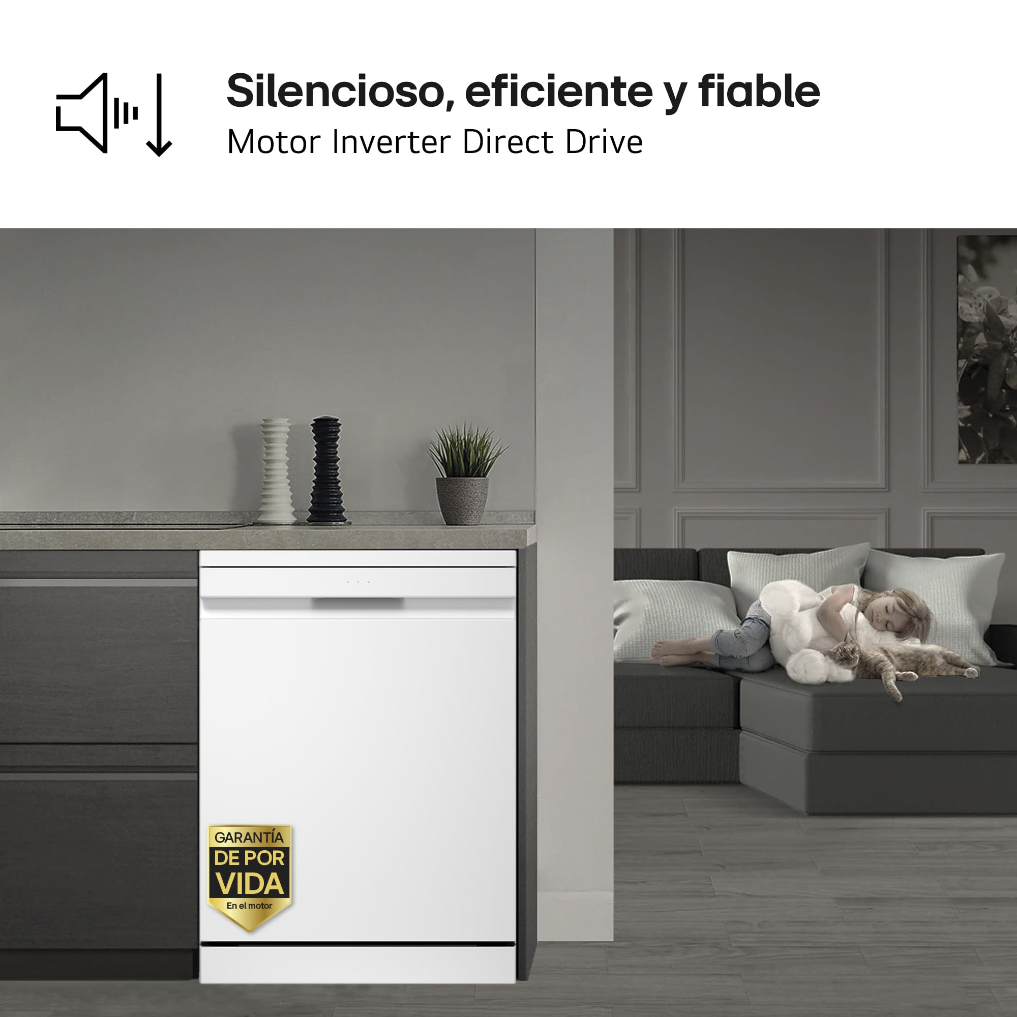 LG DF375HWS - Lavavajillas QuadWash Steam, Sistema EasyRack, Bandeja para Cubiertos, Wi-Fi ThinQ, TrueSteam, Apertura Automática, 14L, Eficiencia A, Blanco Marfil
