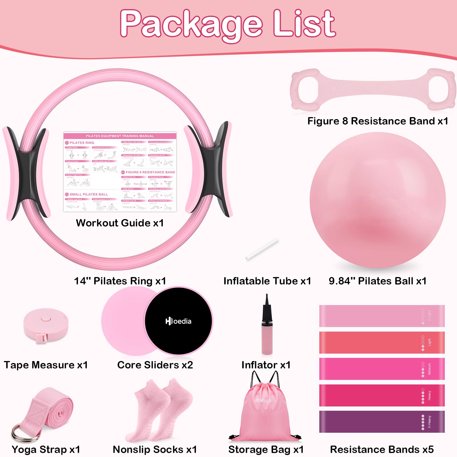 Hoedia Pilates Kit for Women, Pilates Equipment Ring and Ball Set with Resistance Bands, Yoga Strap, Core Sliders, Socks, Bag & Guide for Starter Home Workout Fitness Gym Essentials, Pink