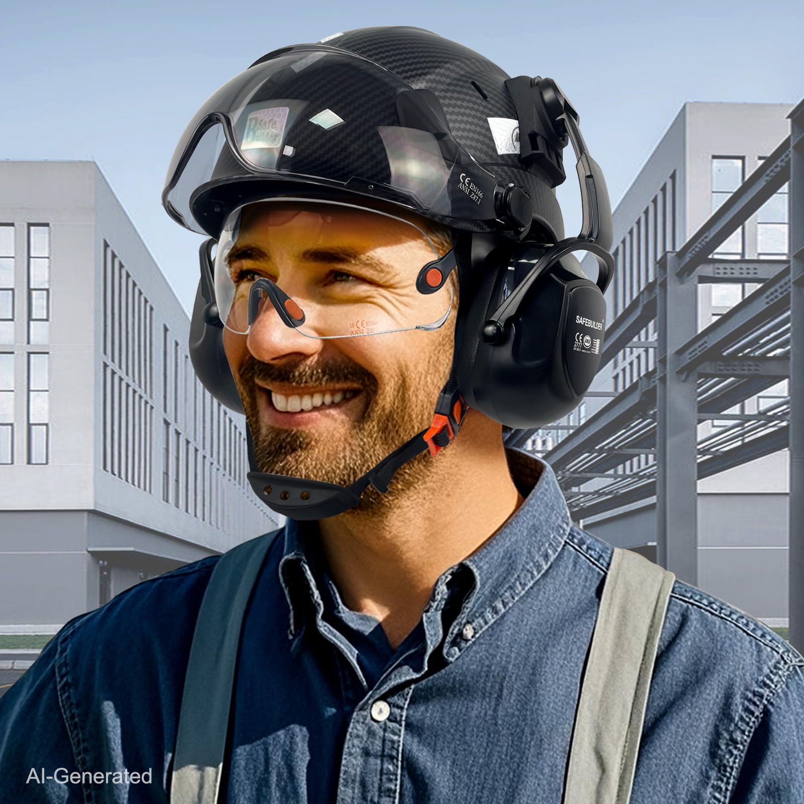 SAFEBUILDER Casco de Seguridad con Gafas, Orejeras Que Funcionan a la Altura, de Fibra de Carbono, para construcción Industrial, protección de la Cabeza, aprobación ANSI Z89.1 (01-Negro Mate + Gafas