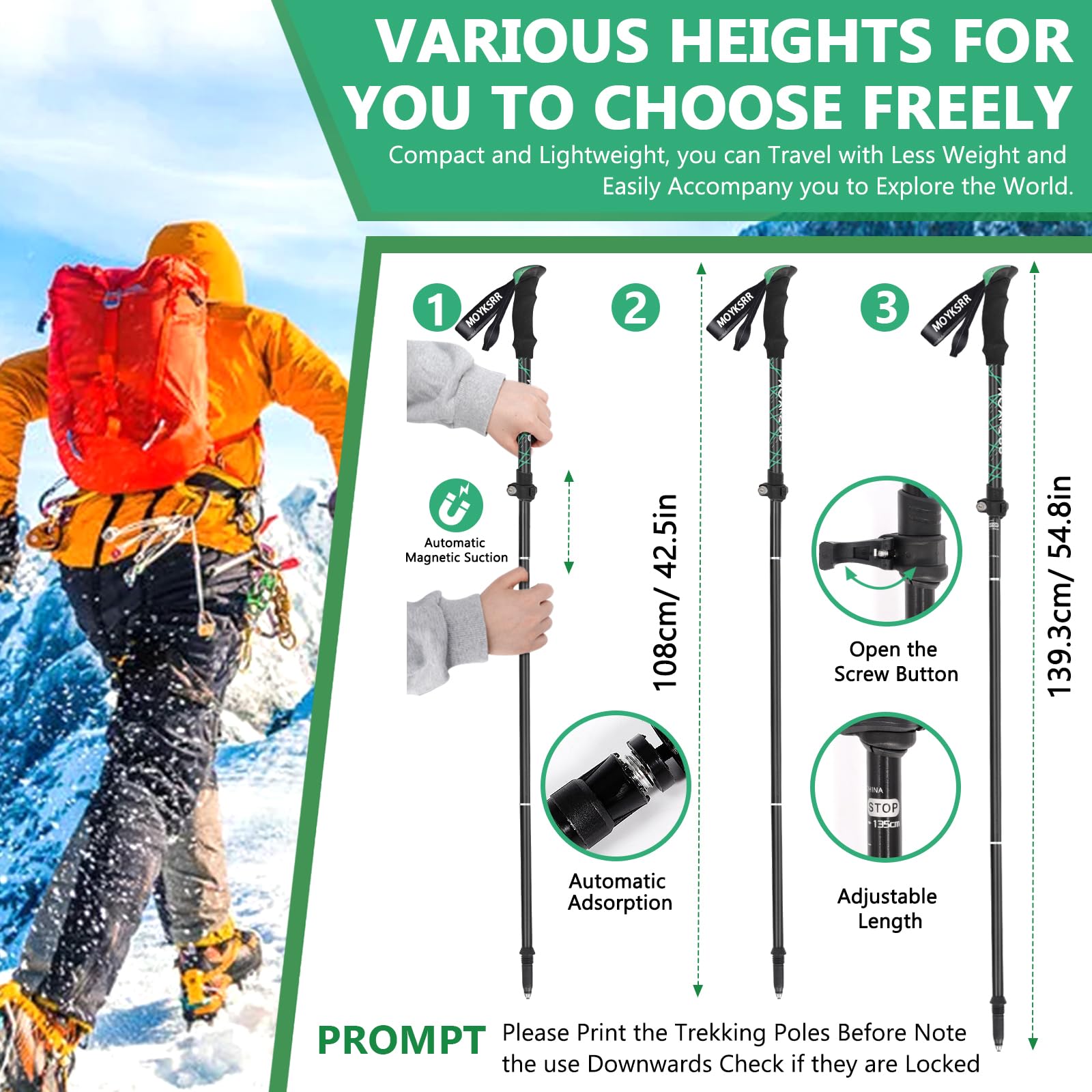 MOYKSRR Trekkingowe, teleskopowe kijka, kijki z włókna węglowego i aluminium, skladane, regulowane 108-135 cm, zamknięcie zaciskowe
