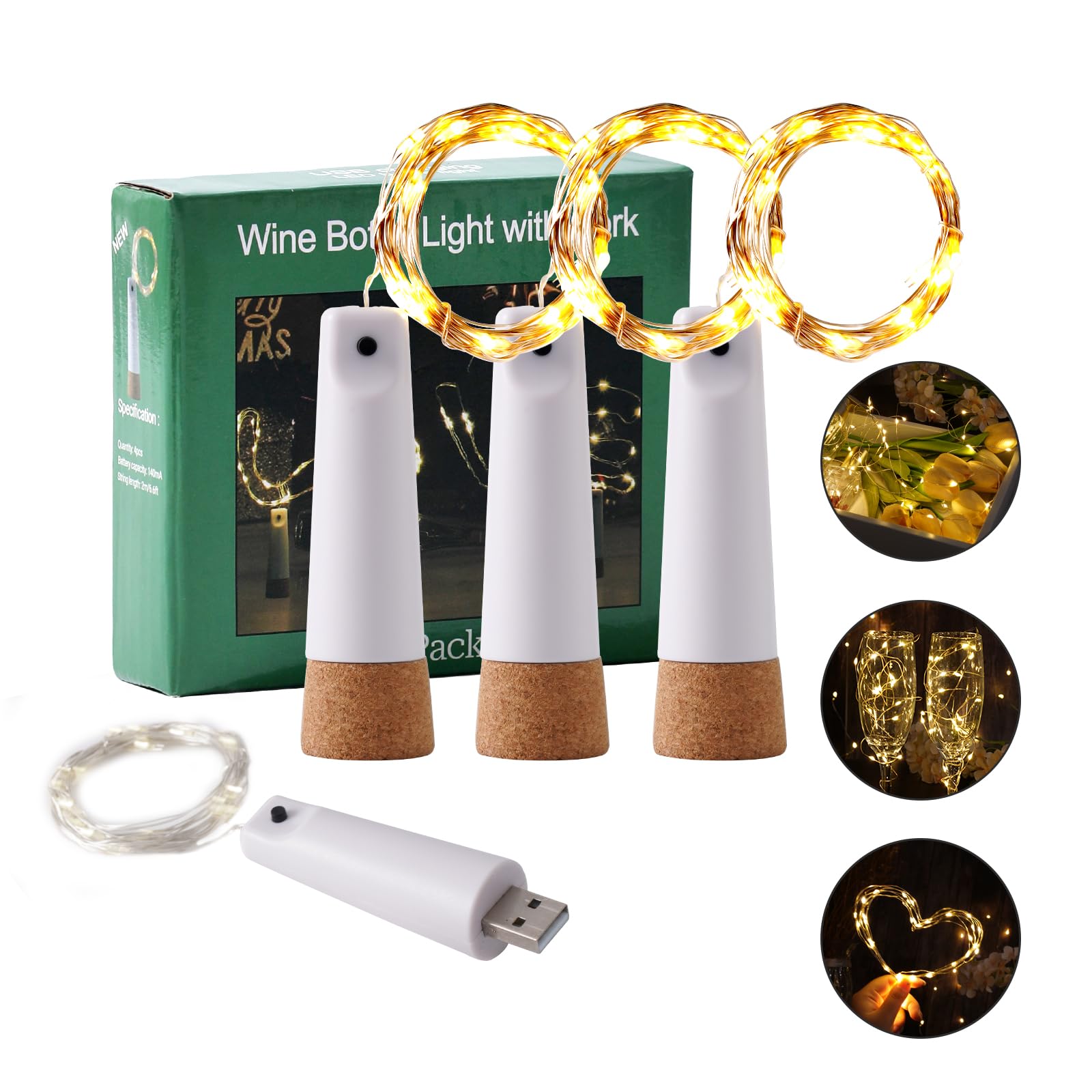 Godinsky Wine Bottle Lights - 4 Pack Rechargeable Battery Operated 140mAh 20 LED Bottle Stoppers，8 Light Modes Switching,Perfect for Christmas,
