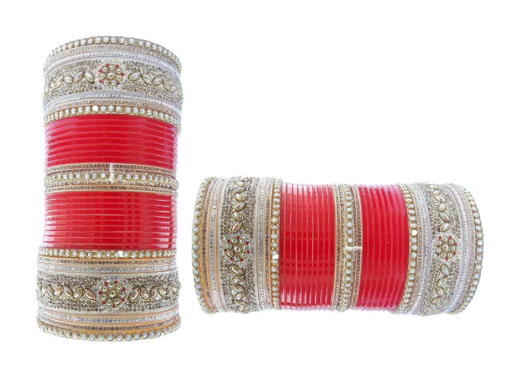 DARSHAN LAL & SONS Women's Panjabi Bridal Dulhan Chuda Bangles Chura with Kundan Stone, Red and White