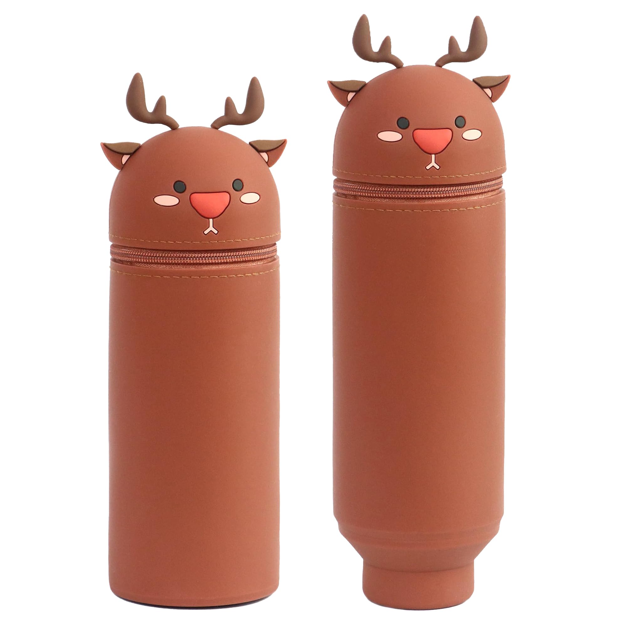 LGWJHCY Telescopic Pencil Case 2 in 1 Soft Silicone Kawaii Deer Desktop Pen Holder Zipper Closure Storage Bag Pencil Bag Pencil Cases for Kids Adults brown