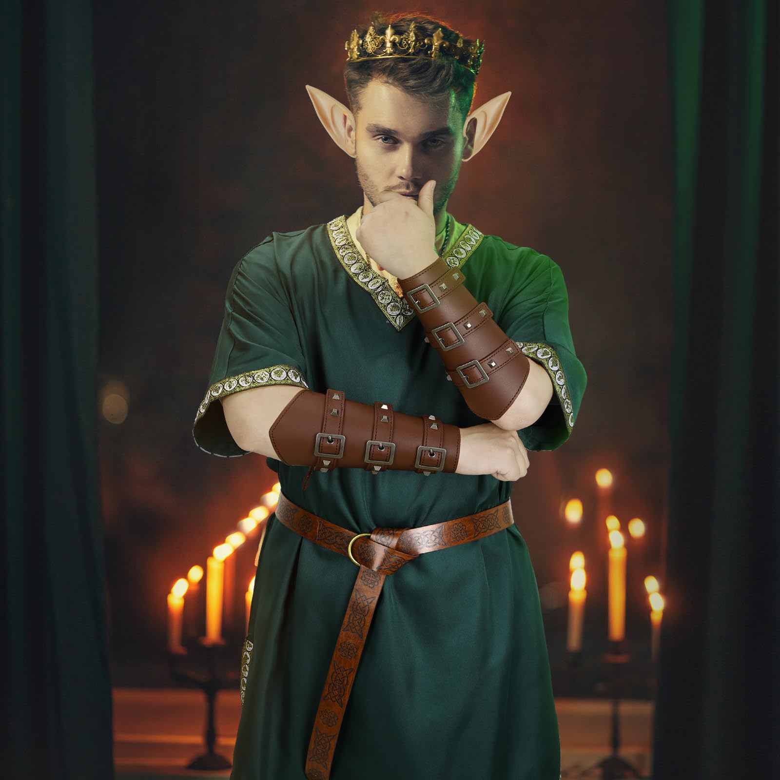 Xtinmee 4 Pcs Mens Renaissance Costume Medieval Knight Tunic Costume Viking PU Belt Arm Guards Halloween Elf Warrior Cosplay (Large, Green)