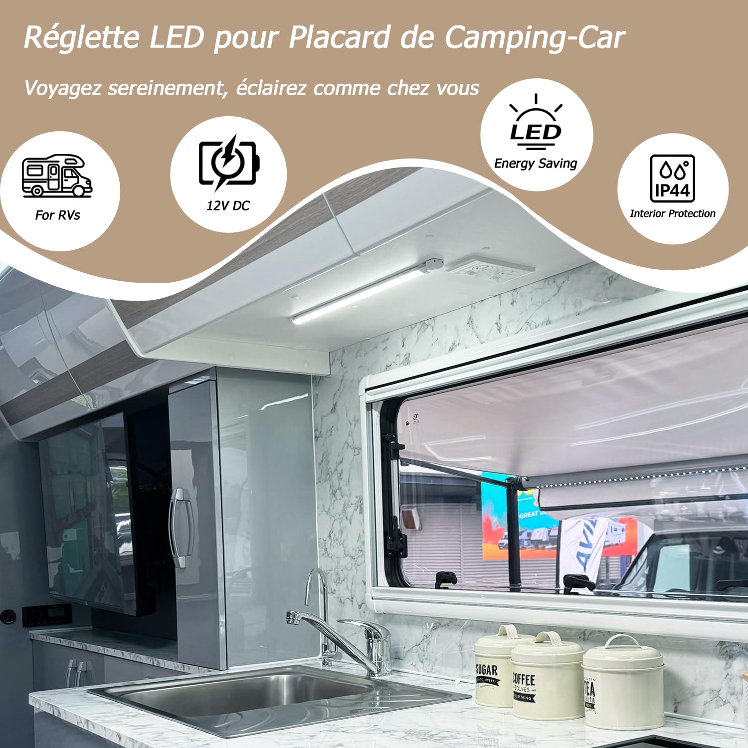 D-lite Reglette LED 12V 60CM pour Camping Car, Lumière Dimmable Blanc Froid 6000K, IP44, Ultra-plat, Éclairage Interieur sous Meuble pour Caravane, Fourgon, Bateau
