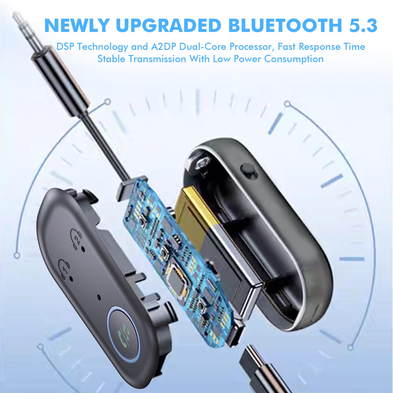 GIBOHOM Trasmettitore Bluetooth 5.3, Adattatore Bluetooth 2-in-1, Adattatore Cuffie Aereo Supporta 2 Auricolare, 3.5 mm AUX Jack Trasmettitore per TV, Telefono Mobile, Car Audio Systems, Palestra