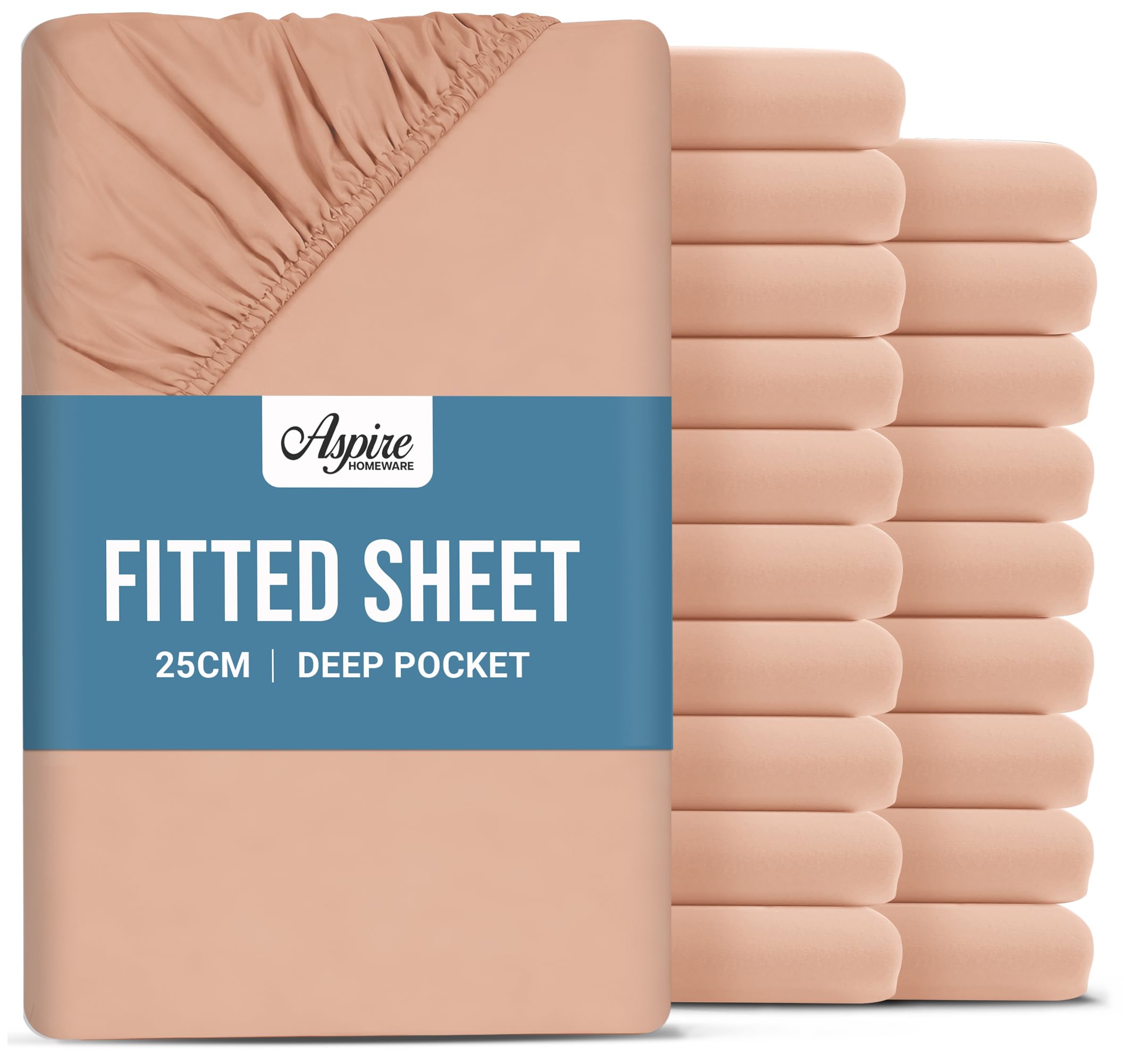 Aspire Homeware Double Fitted Sheet 20 Pack - 25 cm Deep Hotel Quality (Peach) Bed Sheets - Soft & Breathable Fitted Bed Sheets Double - Anti-Wrinkle Easy Care Fitted Sheets