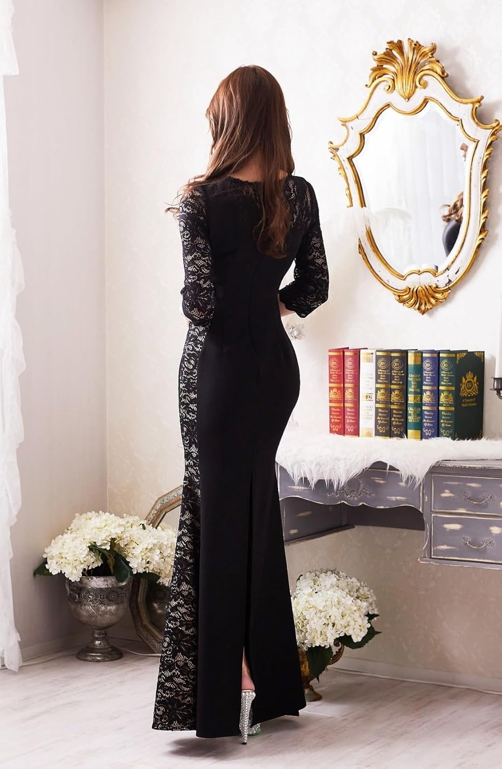 ロングドレス ワンピース ブラック レース パーティ 結婚式 長袖 ロング XL