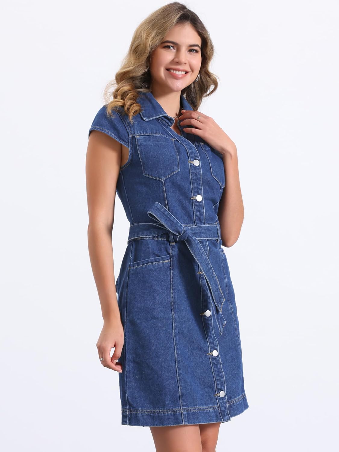 Allegra K Women's Summer Denim Dress Casual Cap Sleeve Belted Button Down V Neck Jean Shirt Dresses - Image 3