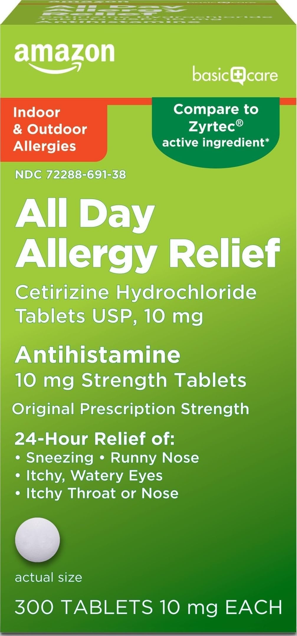 Amazon Basic Care All Day Allergy, Cetirizine Hydrochloride Tablets, 10 mg, 24-Hour Relief for Allergy, 300 Count (Packaging may vary)